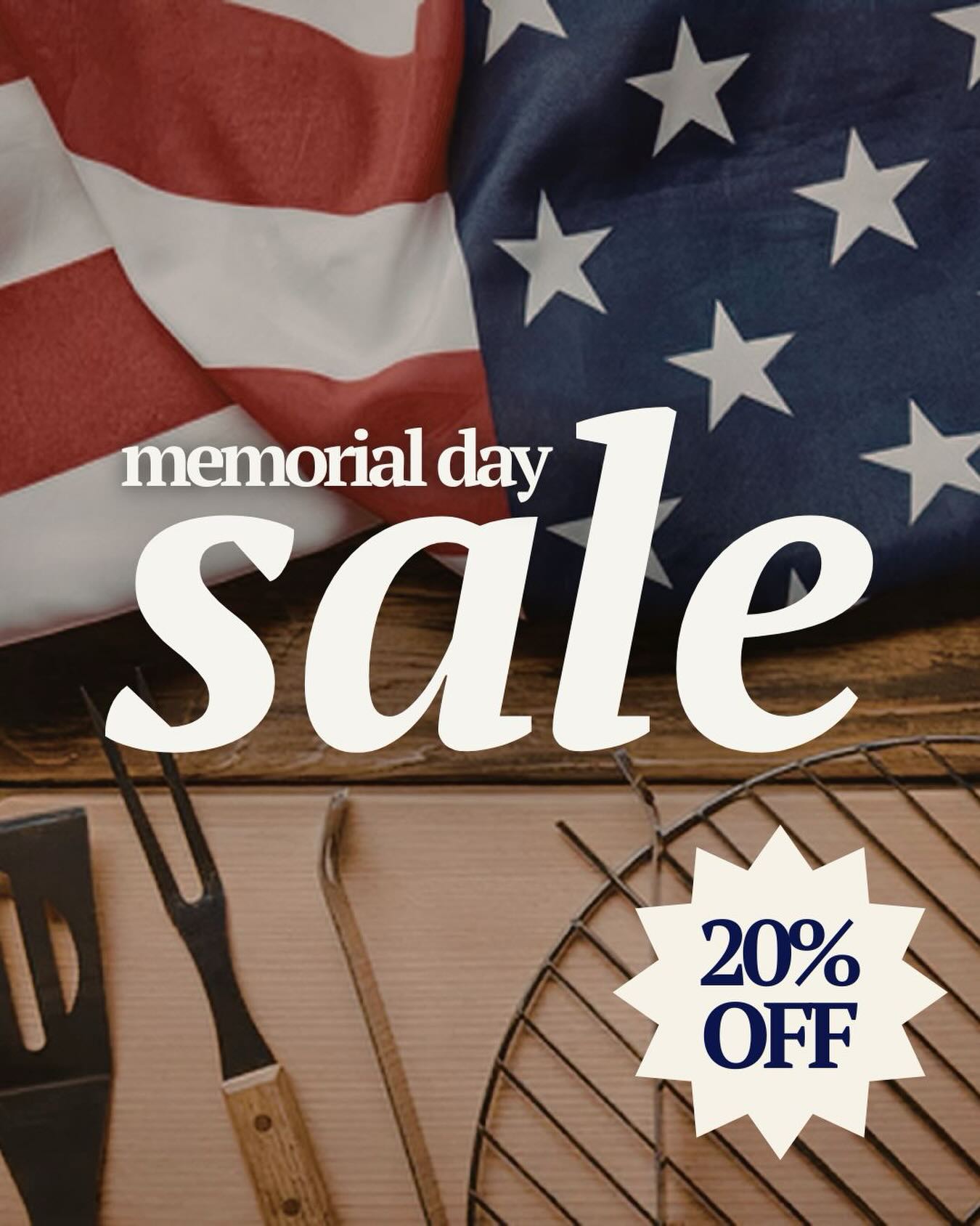 What are you grilling up for Memorial Day weekend?! 🇺🇸
Now through May 25th, our entire store is 20% off! Come stock up for the holiday weekend at 42 Valley Road in Mason, NH. We’re open Monday-Saturday from 1-5pm.
Applies to all current inventory, no limits per customer. Offer cannot be combined with any other discounts. Happy Memorial Day!