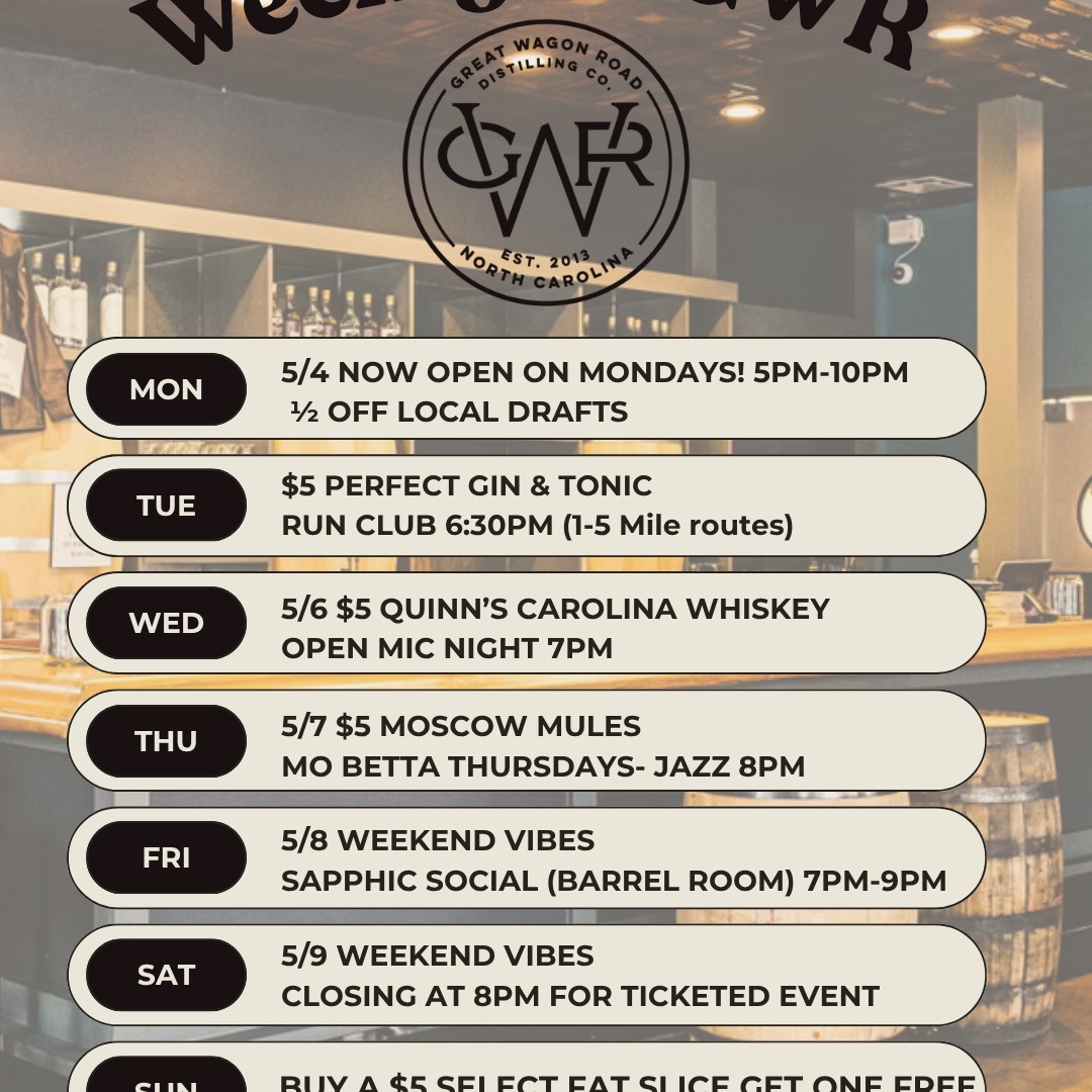 See what's going on at the distillery this week!
Swing by for some awesome specials and events. Don't forget to try our new pizza's on the menu!🔥🍕👀
#charlotteevents #nodaevents #gwrhappenings #nodaclt #newmenù