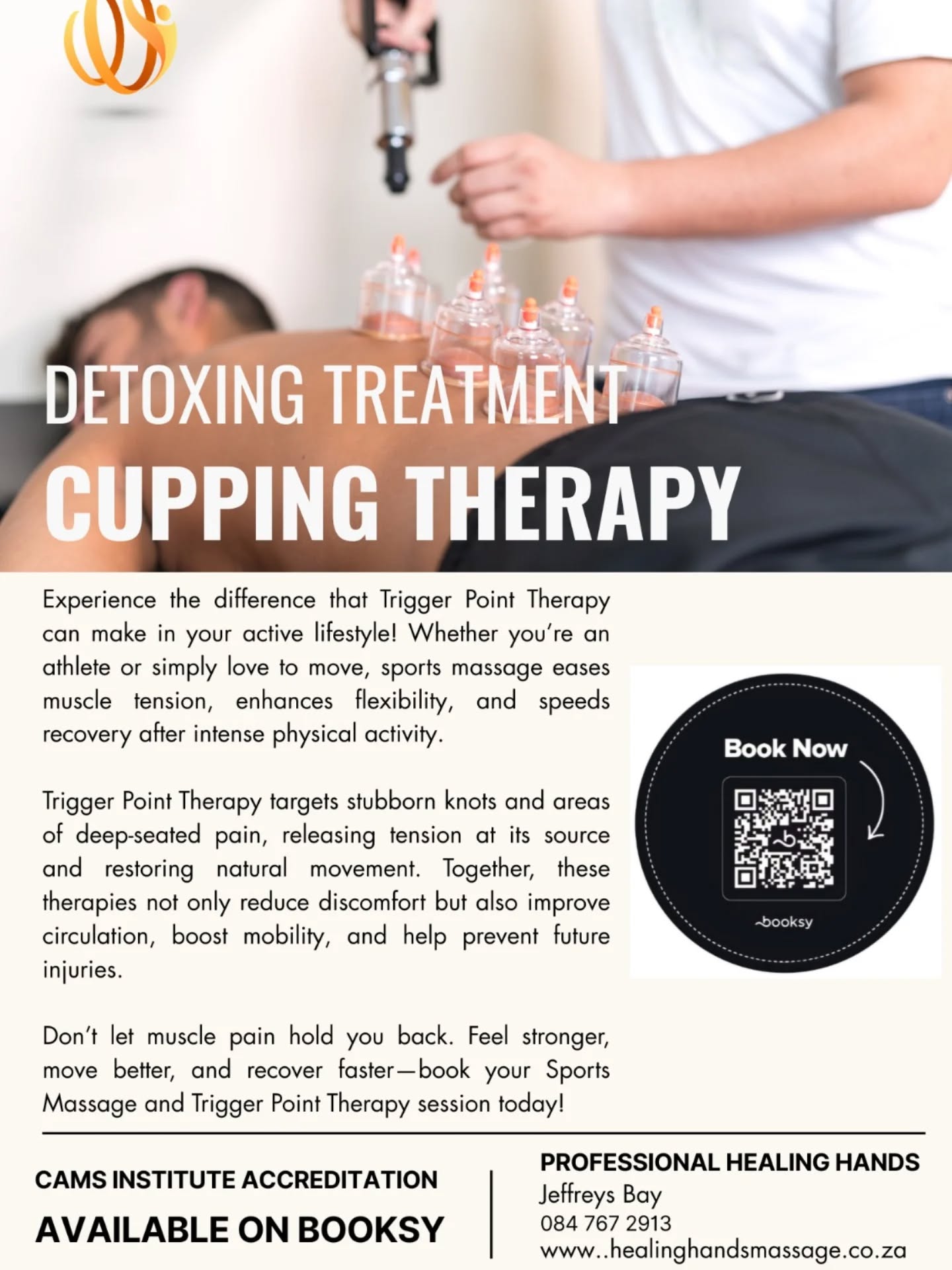 Discover the Benefits of Cupping Massage
Rejuvenate Your Body, Revitalize Your Soul.
Are you looking for a holistic method to unlock your body’s full potential and alleviate stubborn discomfort?
Cupping massage is a centuries-old technique that offers profound benefits for your physical and mental well-being.
This therapeutic practice involves the gentle application of suction cups to your skin, promoting circulation, reducing tension, and detoxifying the body.
Key Benefits of Cupping Massage:
* Improved Blood Circulation
* Cupping massage stimulates the flow of blood, oxygen, and nutrients to targeted areas. By enhancing circulation, it accelerates healing from injuries and reduces inflammation, leaving your body feeling renewed.
* Relief from Muscle Pain - Whether you suffer from chronic muscle stiffness or soreness from physical activity, cupping massage provides deep relief by loosening tight muscles and alleviating tension.
* Detoxification and Skin Health - Cupping helps remove toxins from your body by stimulating lymphatic drainage and cleansing your pores. This technique not only detoxifies but also improves the appearance and health of your skin, giving it a glowing, refreshed look.
* Enhanced Athletic Performance - For athletes and fitness enthusiasts, cupping massage can be an integral part of recovery. By reducing muscle fatigue and enhancing flexibility, it helps you perform at your best while minimizing the risk of injuries.
* Stress Reduction - The soothing sensation of cupping massage is highly effective in reducing stress and anxiety levels. It helps you find balance, calm your mind, and restore overall harmony to your life.
Contact us on WhatsApp or schedule your appointment on the Booksy App.
Elevate your life with the ancient wisdom of cupping massage—where healing meets excellence.
Professional Healing Hands
CAMS Institute Accreditation
Tel No: 084 767 2913
Email: profhealing@gmail.com
Bookings: http://prohealing.booksy.net
Website: https://www.healinghandsmassage.co.za/
#massagetherapist #massagetherapy #germany #sportsmassage #recovery
