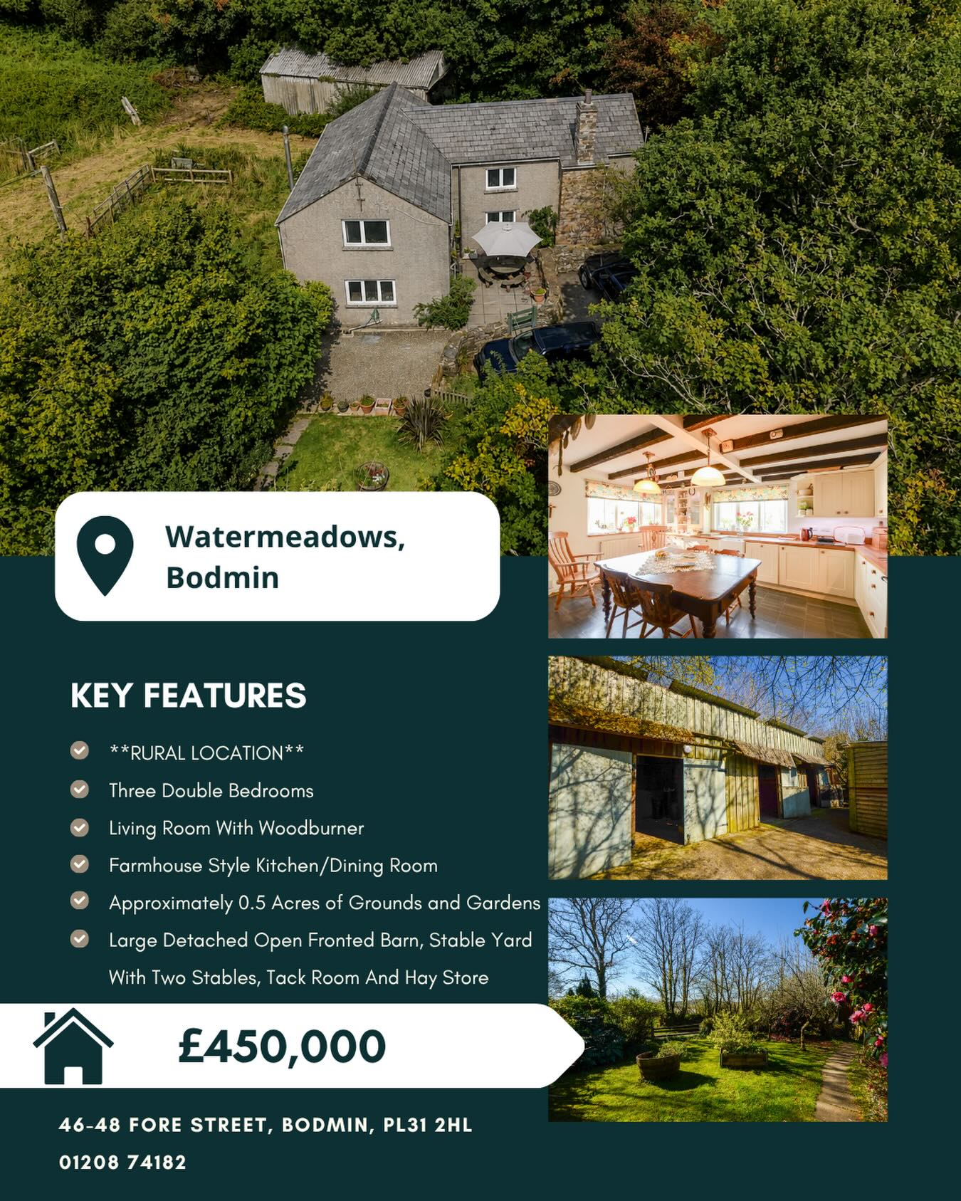 🙌 NEW PRICE 🙌
📍Watermeadows, Bodmin
🏠 £450,000
Watermeadows is an immaculately presented house that offers a fantastic opportunity for somebody to purchase a substantial detached family home on the rural fringes of Bodmin. The location offers access to readily available amenities throughout Bodmin town yet the property remains nestled in a rural spot.
The property packs character throughout including original beamed ceilings and there is a fantastic amount of untapped potential with a large open fronted barn, stable yard with two loose boxes, a hay store and a secure tack room, all set within approximately 0.5 acres of land. The property is accessed along an adopted no through traffic lane, there is parking to the front of the property for easily two cars and further space in front of the barn along with the stable yard for further parking if required.
To enquire about this property, please call our Bodmin Branch on 01208 74182 📞
#cornwallliving #cornishestateagents #propertiesforsale