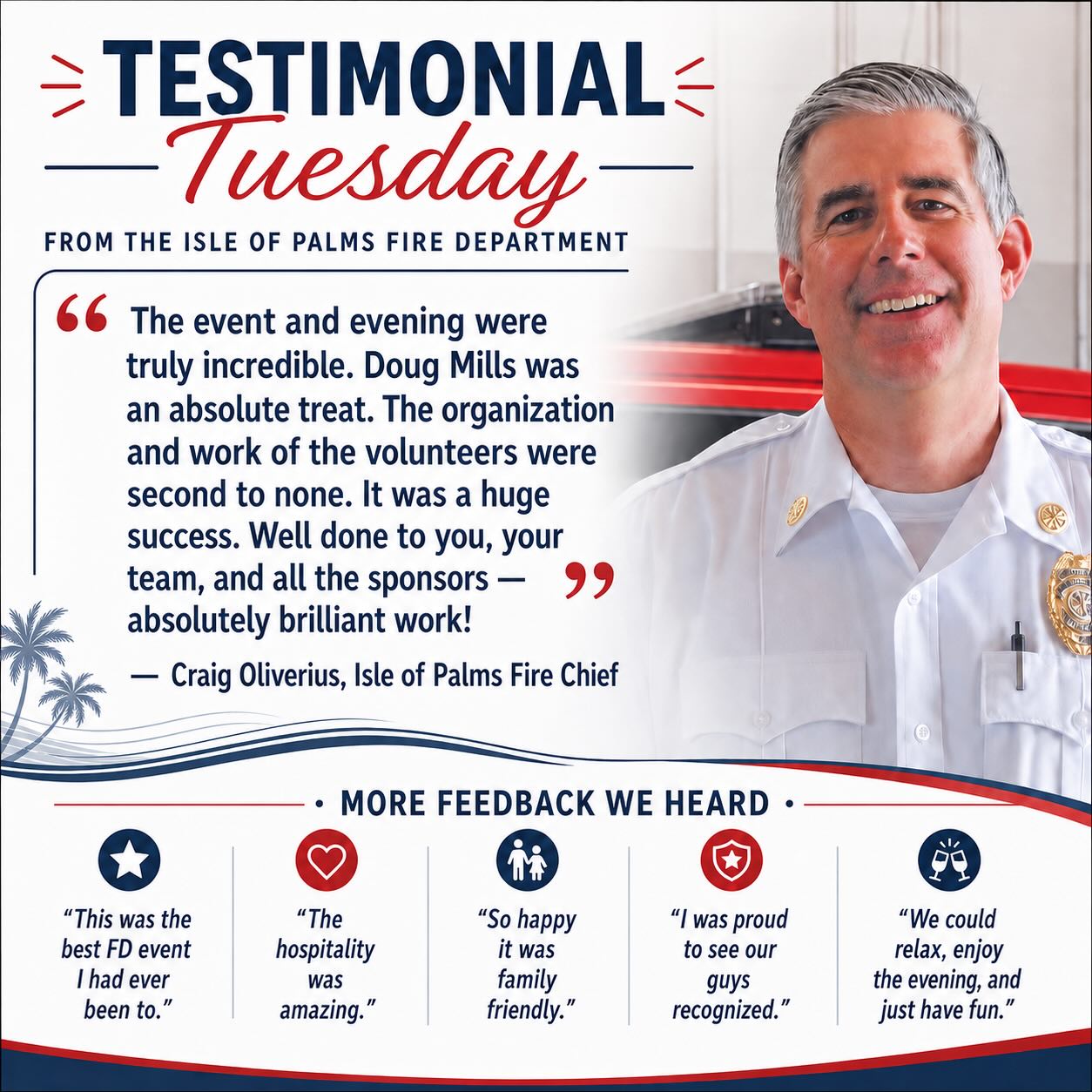 Testimonial Tuesday ❤️
We are still feeling the energy from an incredible evening celebrating and supporting the men and women who serve Isle of Palms.
A heartfelt thank you to Craig Oliverius, Isle of Palms Fire Chief, for sharing such kind words about this year’s LENS Annual Banquet. From Doug Mills’ unforgettable stories to the volunteers, sponsors, families, and community members who made the night possible — this event was truly something special.
Hearing that our first responders felt celebrated, relaxed, and proud to be part of the evening means everything to us!
Here’s to community, gratitude, and another unforgettable year. 👏
#LENSIOP #IsleOfPalms #IOPFireDepartment #IOPPublicSafety #CommunitySupport TestimonialTuesday FirstResponders IsleOfPalmsSC SupportLocalHeroes