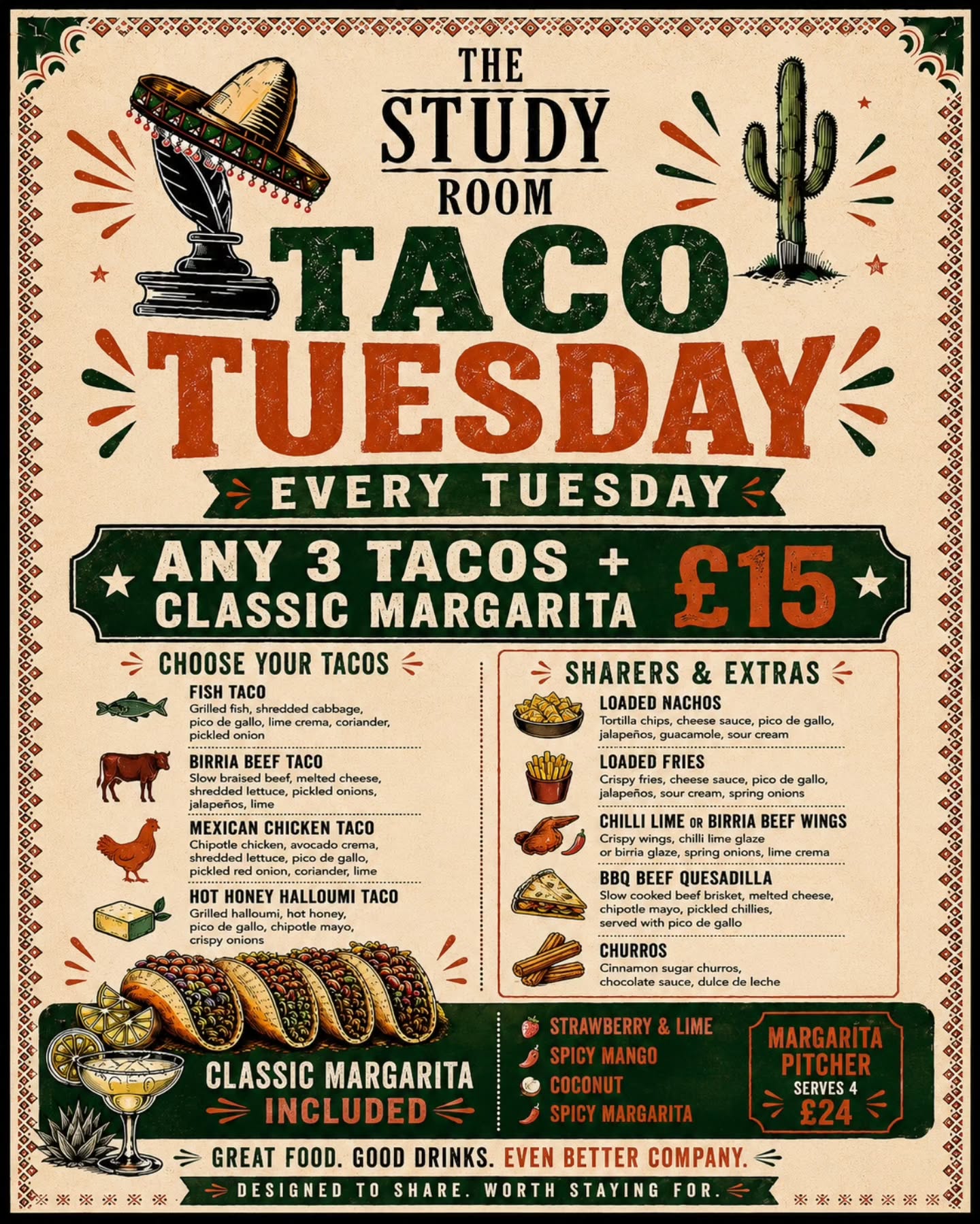 š® TACO TUESDAY HAS LANDED š®
Your Tuesday just got a serious upgradeā¦
Grab ANY 3 TACOS + a Classic Margarita for just Ā£15 every Tuesday at The Study Room š„
Choose your favourites: š Fish Taco
š Birria Beef Taco
š Mexican Chicken Taco
š§ Hot Honey Halloumi Taco
Plus loaded nachos, loaded fries, wings, quesadillas, churros and margarita upgrades if youāre making a night of it š¹
Great food. Good drinks. Even better company.
š The Study Room, Lancaster
š® Every Tuesday
šø Classic Margarita included
#TacoTuesday #LancasterFood #LancasterEats #TheStudyRoomLancaster #LancasterBars