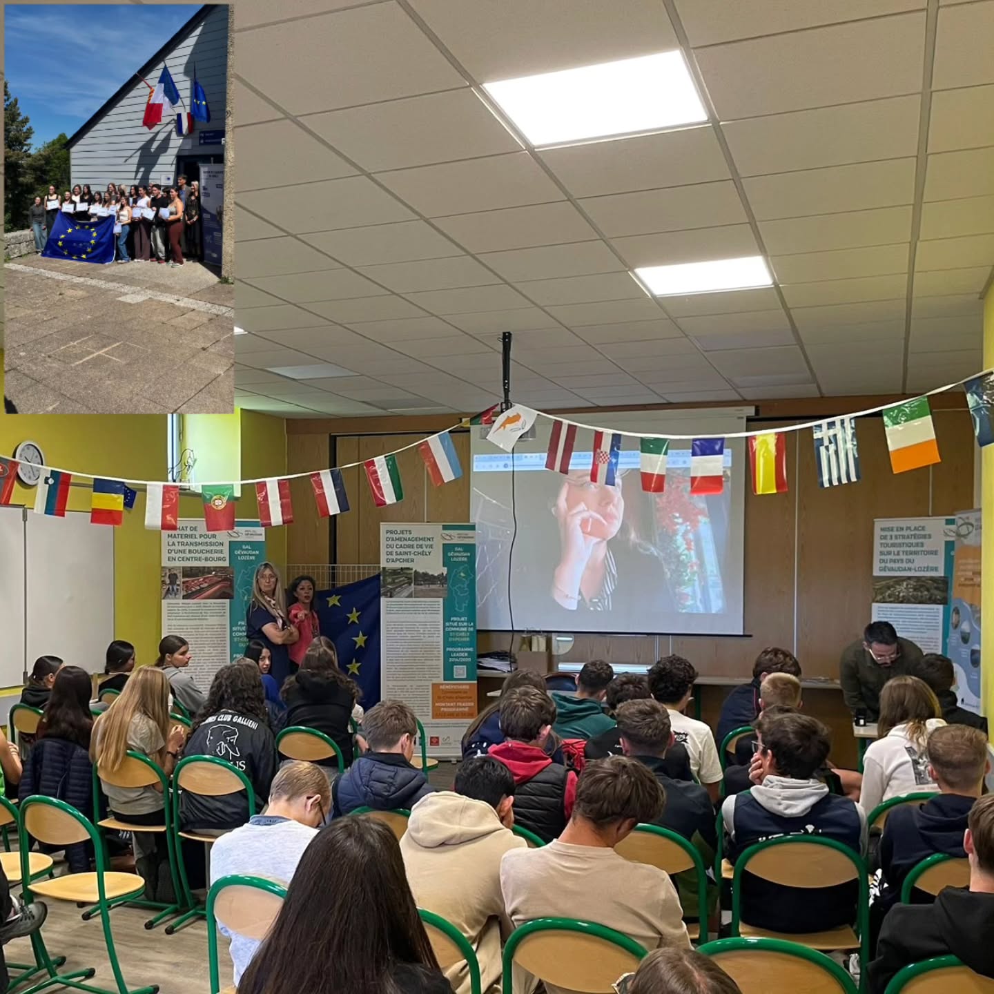 Fête de l’Europe pour inaugurer l’école ambassadrice du @Europarl_FR LEGTPA Rabelais à Saint Chely d‘Apcher. Au programme: rencontre avec le maire Christophe Gâche et l’eurodéputée @ChloeRidel , exposition et animation européenne.
