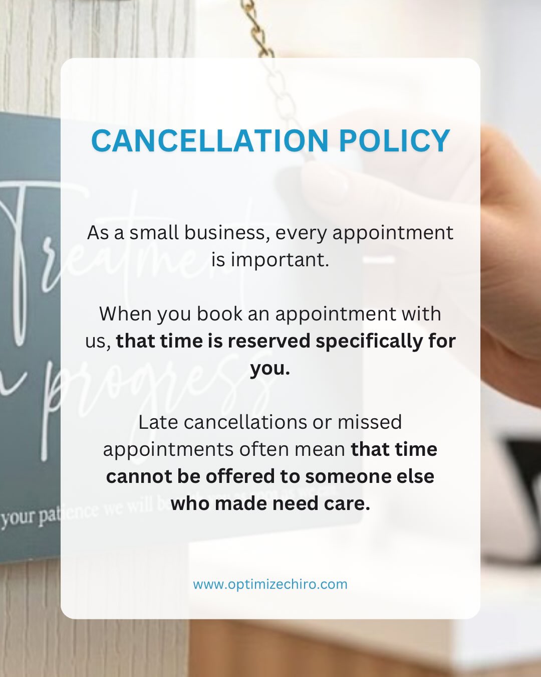 Your appointment time = our time to care
for you
As a small business, missed or late-cancelled appointments reduce our ability to help others.
Please give 24 hours notice if you need to cancel or reschedule.
Appointments cancelled within 24 hours, or missed, will incur a fee.
Thank you for supporting our clinic and respecting the time set aside just for you