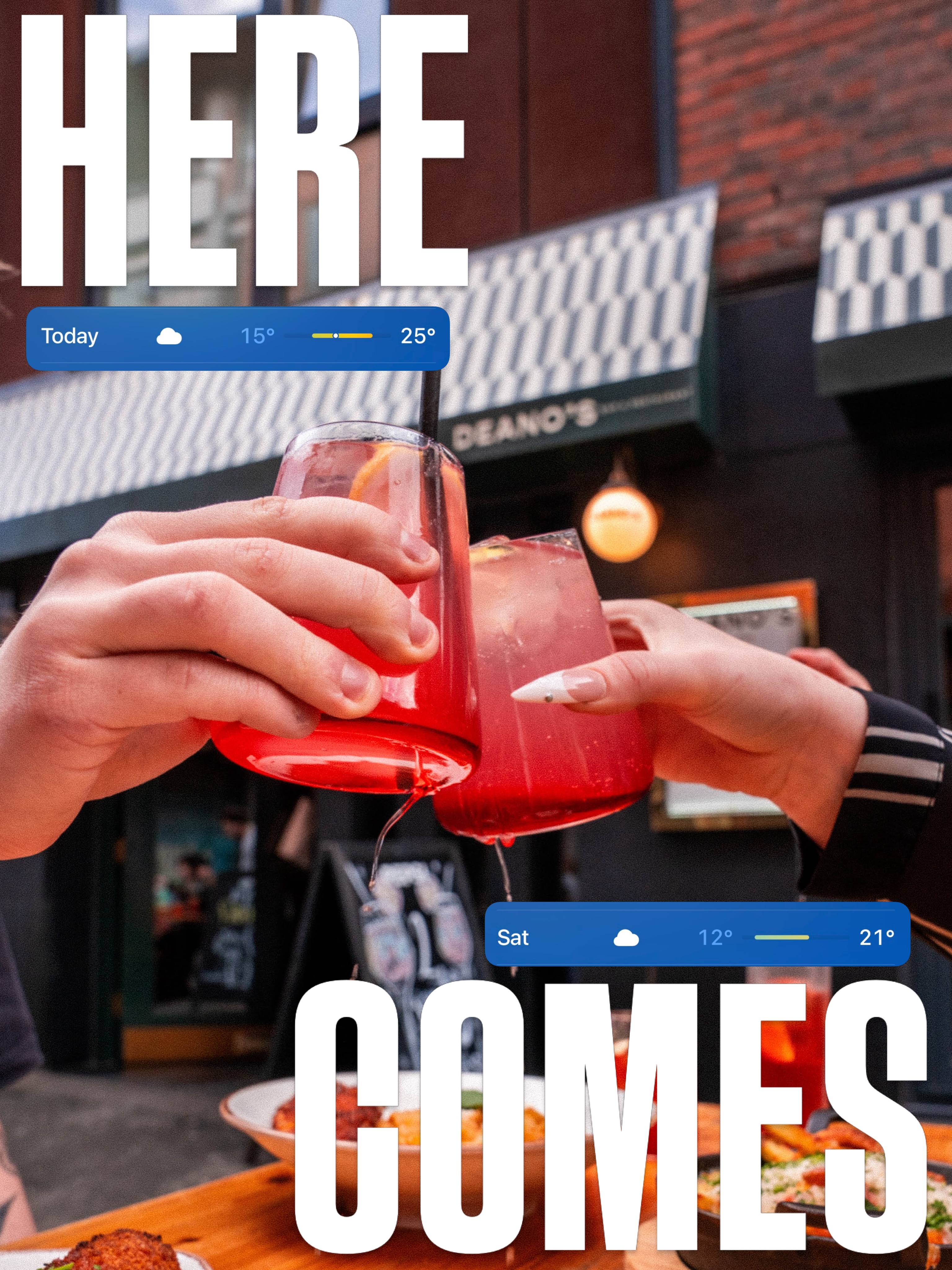 It’s gonna be a scorcher! How about you come and cool down with 2-4-£12 spritz (all day, everyday)
Then replenish your energy with some mozz sticks, a saucy pizza and a cheeky bit of pasta ?
#deanos #bankholiday #sunnymanchester #bankholiday #manchester