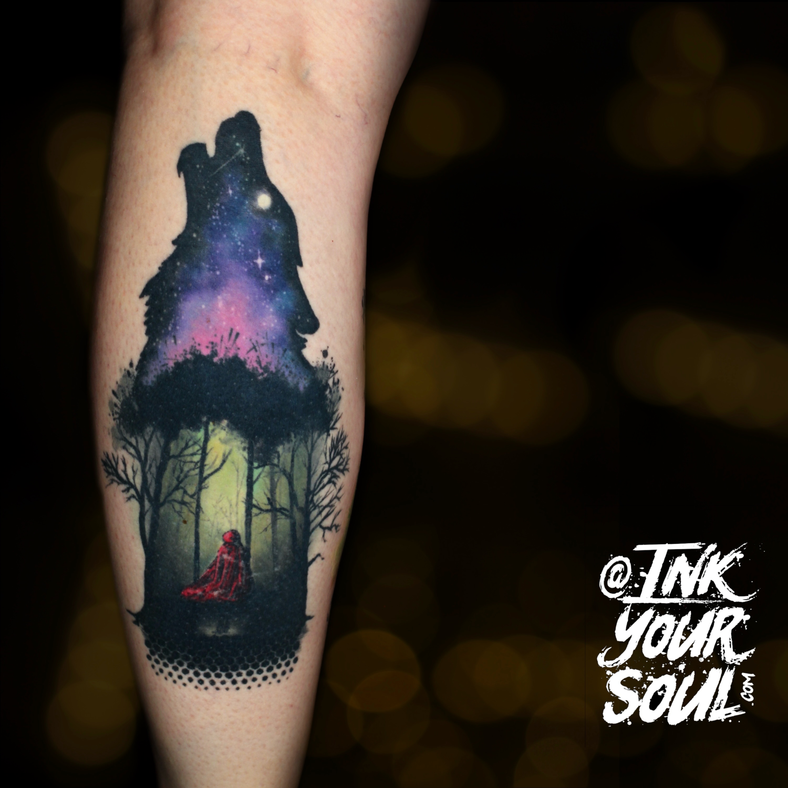 A decade old! I loved the ethereal colors for the forest! @worldfamousink @aurextattooco @inklabtattoomachine @hustlebutterdeluxe #redridinghood #galaxytattoo #wolftattoo #watercolortattoo