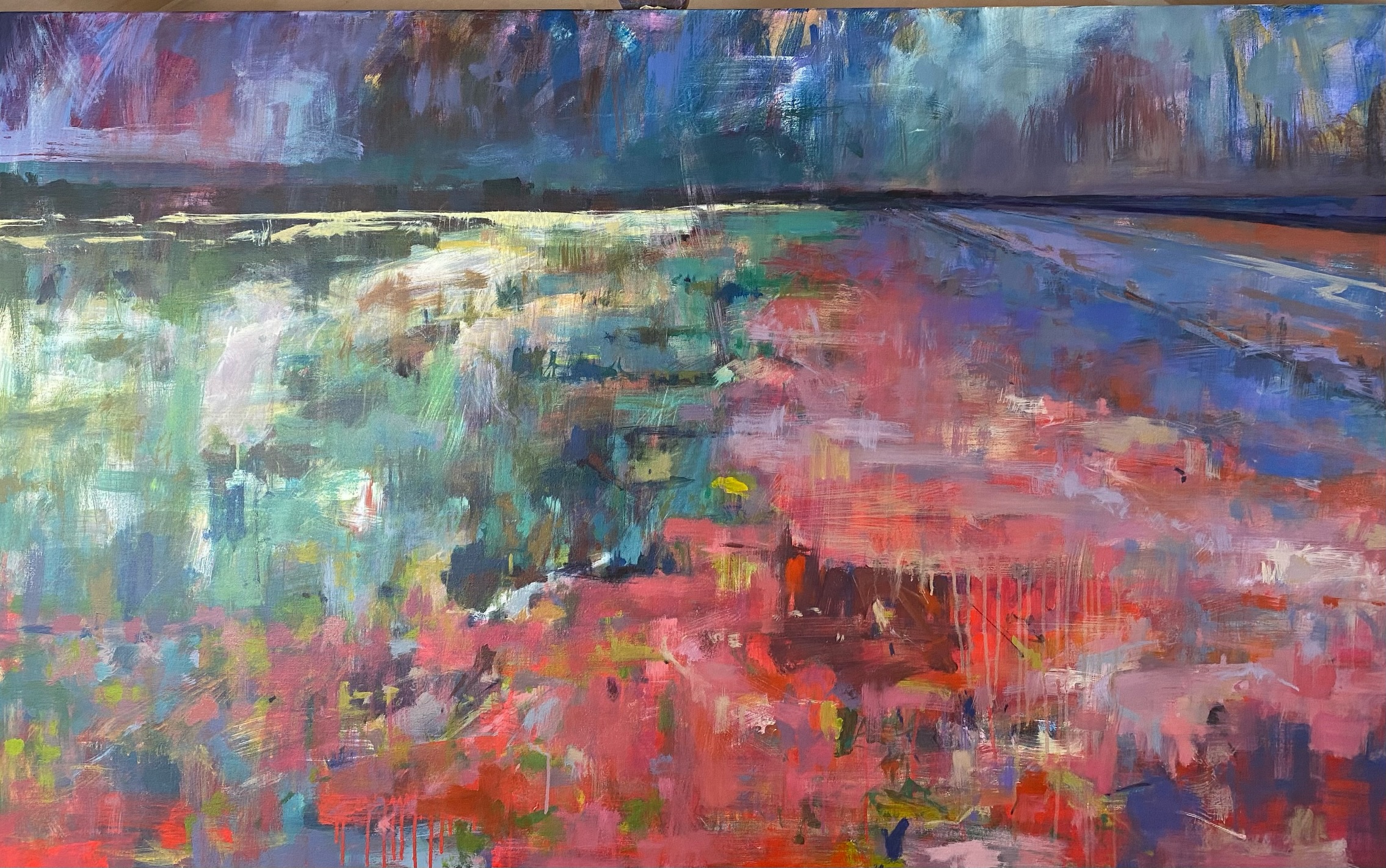 This is a painting I’ve been working on for some time, it’s 1 meter by 1.5 meters, I think this is about the largest canvas I can get into the studio. It’s been on and off the easel since February. Not finished yet but it’s getting to a place I’m happier with.