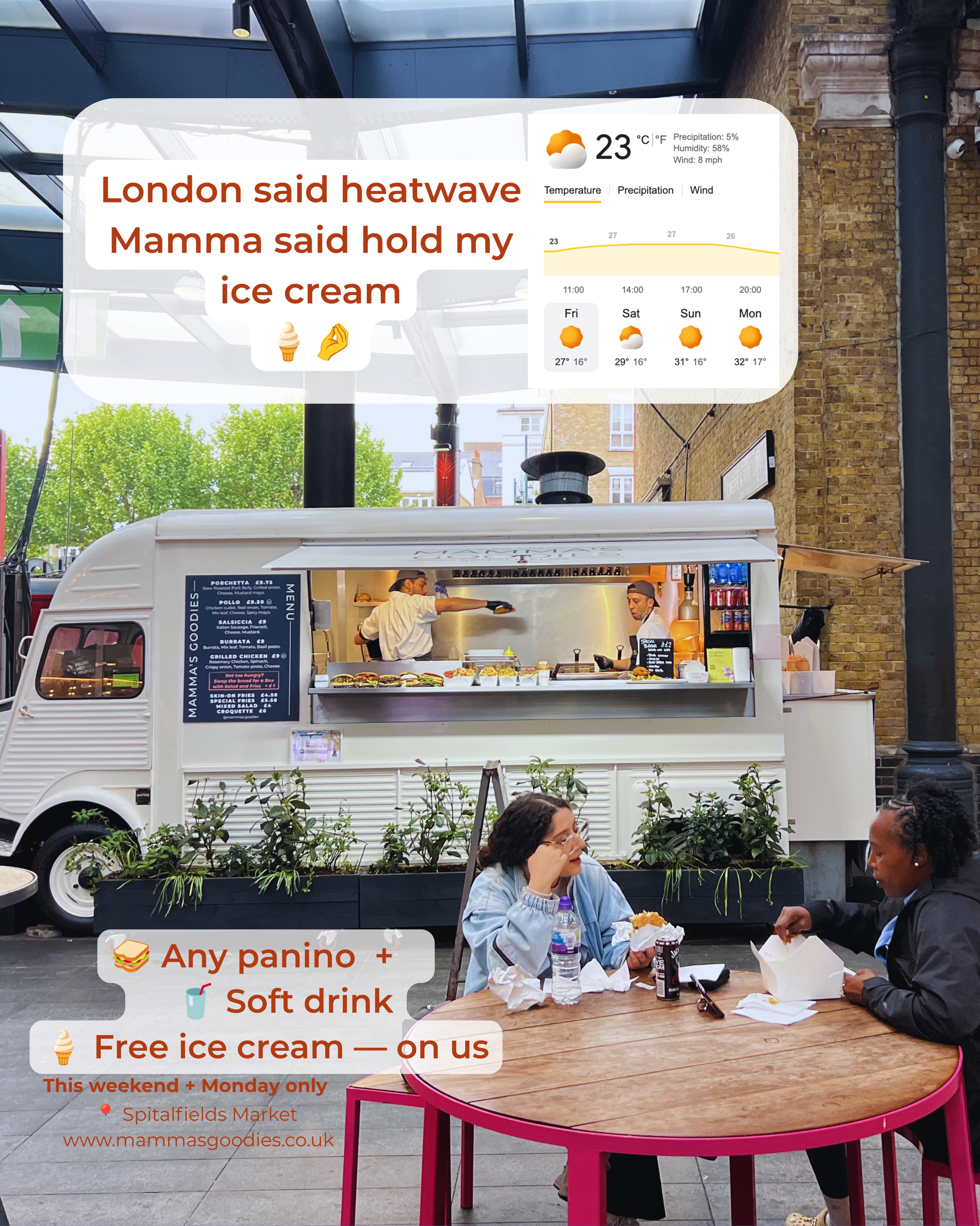 Buy any panino + soft drink this weekend + Monday, FREE ice cream is ON US 🎁 🥪🥤🍦
It’s too hot🔥 You need a panini and you deserve a cool down.
Because that’s just what Mamma does ❤️🔥
📍 Spitalfields Market
🛒 mammasgoodies.co.uk 👉 link in bio 🤞
#MammasGoodies #BankHoliday #London #LondonStreetFood #icecream
