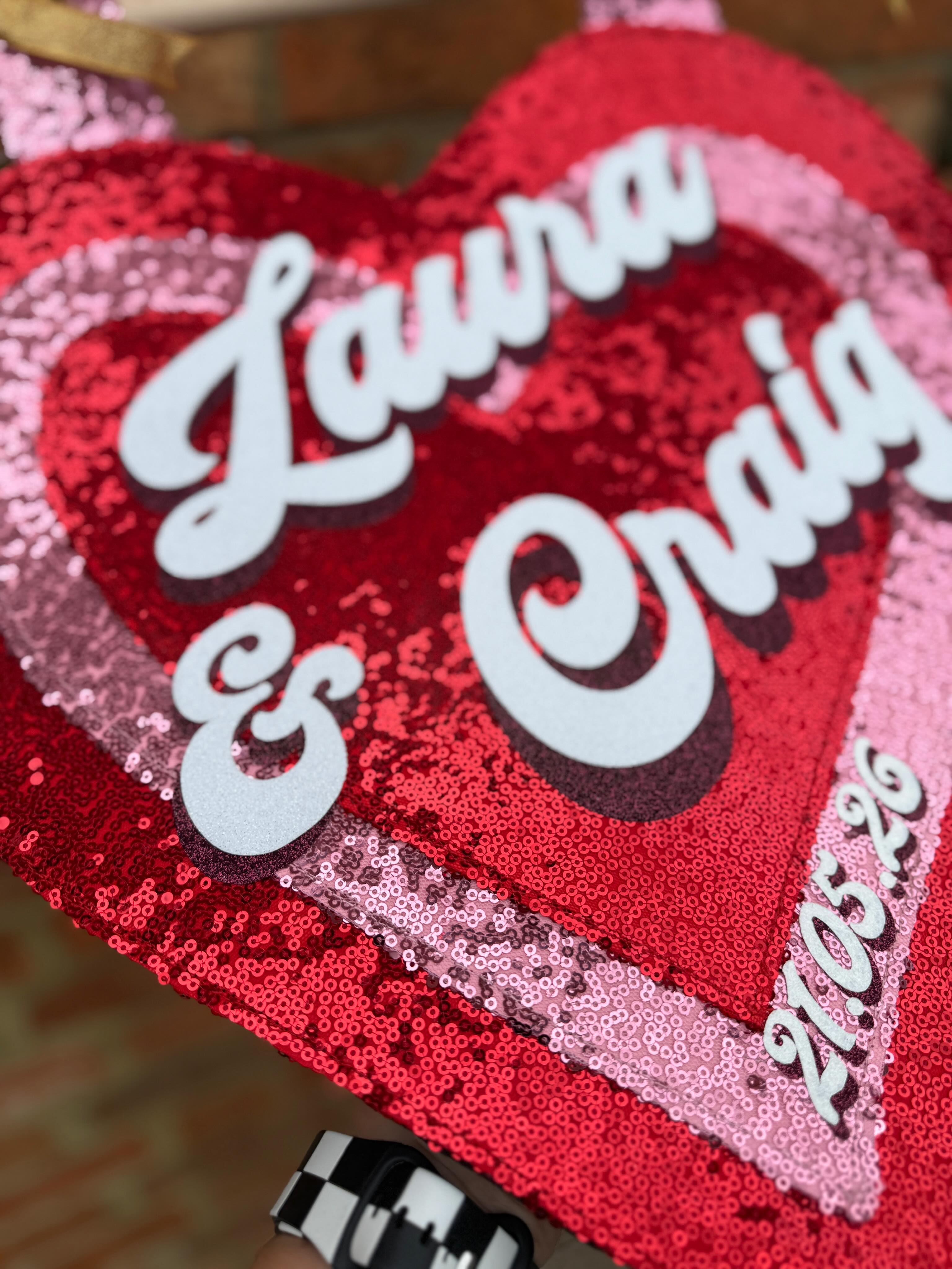 Congratulations Laura and Craig who tie the knot today 💍🥂🍾
Laura wanted a sequin wall hanging, a glitter bride patch and several wedding party guests badges for her hen and wedding day. ✨
Thank you so much for putting your trust in me to deliver ❤️ have a fantastic day 😘
Varied order of one custom name pink and red sequin wall hanging, a glitter felt bride patch for a jacket or dressing gown and several smaller glitter felt badges for the hen party including Bride To Be, Mother of the bride and Maid of Honour.