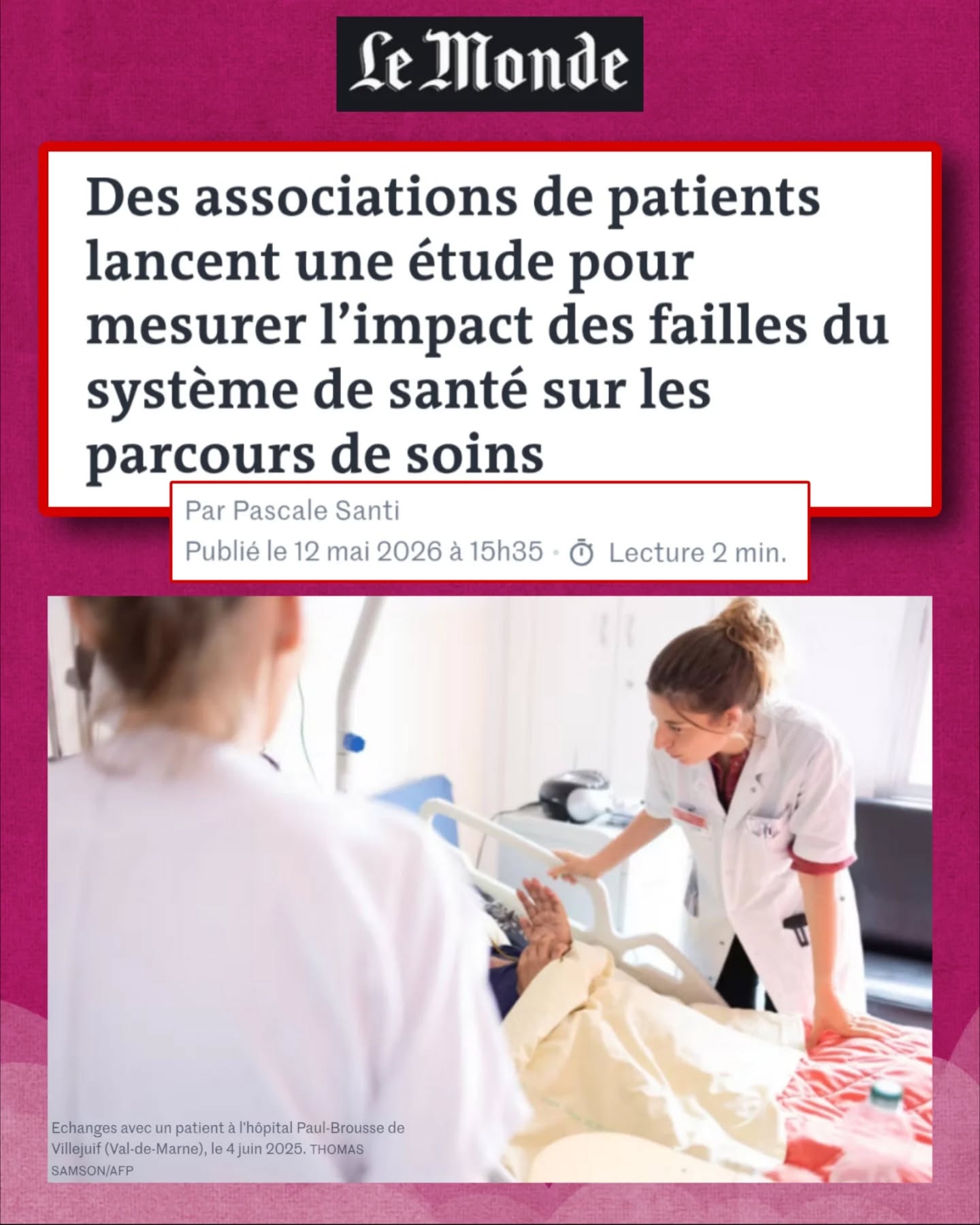 đšLancement de lâ« Observatoire des pertes de chance » par Action Patients, une Ă©tude nationale co-construite avec MoiPatient pour mieux comprendre les difficultĂ©s dâaccĂšs aux soins et leurs consĂ©quences sur les parcours de santĂ©. đ§”đ
Retards de prise en charge, difficultĂ©s dâaccĂšs aux soins, ruptures de parcours, besoins non couvertsâŠ
Ces situations ont des conséquences majeures sur la santé physique et psychologique des patients et de leurs proches.
Cette recherche en sciences humaines et sociales explore les parcours de soins :
đ„ Ă lâhĂŽpital
đĄ Ă domicile
đ©ș en ville
Lâobjectif : mieux comprendre les rĂ©alitĂ©s vĂ©cues et identifier des pistes concrĂštes dâamĂ©lioration du systĂšme de santĂ©.
đ LâĂ©tude vise Ă :
⹠mieux comprendre les réalités vécues ;
âą mesurer la frĂ©quence et lâimpact de ces situations ;
⹠identifier des solutions concrÚtes pour améliorer les parcours de soins.
Chaque tĂ©moignage compte. â
đ Trois questionnaires sont proposĂ©s :
đ€ Personnes concernĂ©es par une situation de santĂ© :
https://moipatient.fr/mes-data/etude/observatoiredespertesdechancespatient
đ€ Proches aidants : https://moipatient.fr/mes-data/etude/observatoiredespertesdechancesaidants
đ©ș Professionnels de santĂ© :
https://moipatient.fr/mes-data/etude/observatoiredepertesdechancesprofessionnelsdesante
đ Merci Ă @lemondefr et Ă Pascale Santi pour lâarticle consacrĂ© Ă cette initiative portĂ©e par plusieurs associations de patients membres du collectif Action Patients.
đ° Article : https://www.lemonde.fr/sciences/article/2026/05/12/des-associations-de-patients-lancent-une-etude-pour-mesurer-l-impact-des-failles-du-systeme-de-sante-sur-les-parcours-de-soins_6688254_1650684.html
đŁ Votre expĂ©rience est essentielle pour rendre visibles ces situations et contribuer Ă amĂ©liorer durablement les parcours de soins.
đ Lire le communiquĂ© :
https://www.action-patients.fr/wp-content/uploads/go-x/u/6315599b-1fce-43f8-b279-6c186c306b45/20260513_CP_Action-Patients-Observatoire_VF.pdf
#ActionPatients ObservatoireSanté #PertesDeChance #CovidLong #MaladiesChroniques #ParcoursDeSoins Santé @moipatient