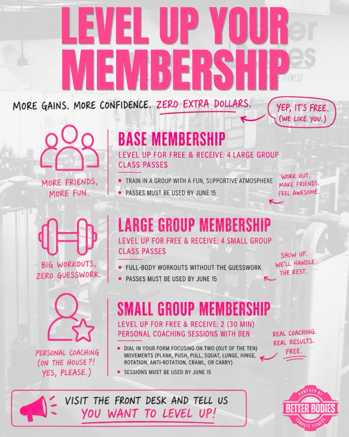 More gains. More coaching. More opportunities to level up đȘ
For the month of May, Better Bodies members can upgrade their membership for FREE and experience even more of what Gym Time has to offer đ
If you currently have:
Base Membership â receive 4 Large Group class passes
Large Group Membership â receive 4 Small Group class passes
Small Group PT Membership â receive 2 personal coaching sessions with Ben
No extra cost. No pressure. Just a chance to try something new, challenge yourself, and keep progressing đ
Stop by the front desk and tell us you want to level up! Not a member yet? Claim your FREE 7-day pass â link in bio to get started today!
#betterbodiesomaha #omahagyms #omahafitness #communityfitness #gymtime