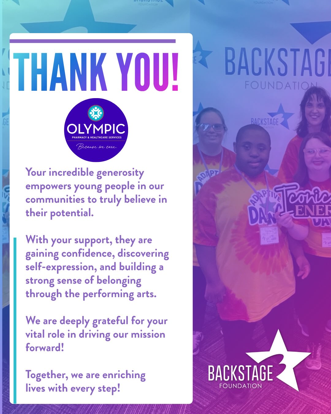 📣Our Annual Partner Highlight @olympicpharmacy 🎉
Your incredible generosity empowers young people in our communities to truly believe in their potential. We are deeply grateful for your vital role in continuing to drive our mission forward!🥰🩷💜🩵
✨About Olympic Pharmacy 🏥
🩷At Olympic, we provide a comprehensive range of healthcare products and services to enhance the quality of life for our patients.
💜We offer everything from an extensive line of ostomy and urological products and enteral feeding supplies to respiratory equipment and everything in between. Our full line pharmacy is prepared to handle all your prescriptions.
🩵Whether they be simple requests or complex compounds, we can do it all. We also provide a wide range of services such as a full service repair shop, ATS certified rehabilitation department, and convenient home delivery options.
#TheBackstageFoundation #olympicpharmacy #AnnualPartner #NonProfit #dance