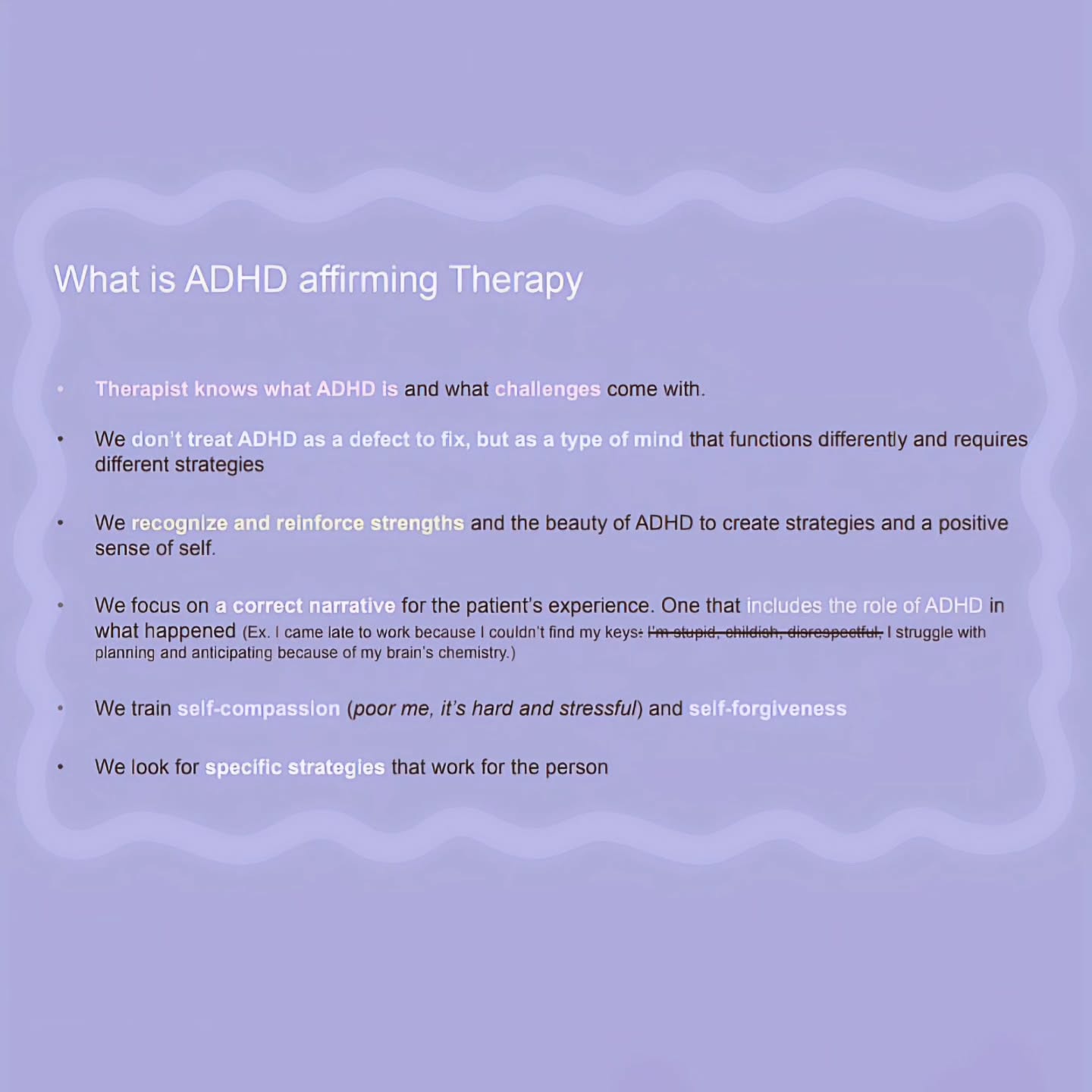 Would you add anything? :)
My experience as a patient with neurotypical therapists was diverse, but two particular misunderstandings come to mind when I think about it today.
1. Therapists (and doctors until today) tend to assume I'm #anxious when I'm not, and don't understand my anxiety in situations that are stressful because of my AuDHD (planing holidays, committing to meals and activities head of time, packing a suitcase, knowing when to wash my hair 😅)
2. They interpret my autistic preferences, rules and rituals as signs of #obsessions and fail to see their regulatory role. - Having reliable systems and predictability in day to day life helps autistic people staying regulated. Therapy should not focus on teaching the person how to manage without these systems and be more spontaneous. It should embrace the need of structure and work on self awareness and self soothing strategies that are safe and efficient.
3. Switching between topics and talkativeness can be red as #avoidance. Forgetting about appointments or showing up late can be red as lack of commitment and avoidance (whereas for me, it was just undiagnosed ADHD)
Of course, I haven't met ALL neurotypical therapists out there 😄 I also had some good experiences, but I am aware of the #DoubleEmpathy phenomenon and these are some examples of how it was for me. It is understandable that without the neurodivergent lense mental health professionals can interpret certain signs are pathological. Neurodivergent-affirming care instead recognizes natural differences and focuses on helping people build a life that works for them, rather than trying to make them fit a neurotypical standard.
#neurodivergentpsychologist🇨🇭