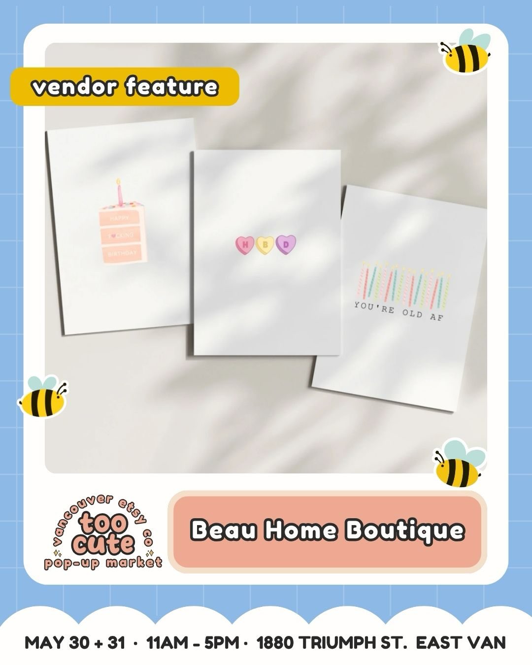 Add this booth to your must-visit list 💕
Meet Beau Home Boutique @beauhomeboutique — bringing greeting cards, art prints, tea towels, soy wax candles + mugs to TOO CUTE.
Their vibe? Eco-Friendly Home Decor Meets Aesthetic Coziness. Come say hi, browse their creations, and make a day of it with us in East Van.
🎟️ Want the ticket link? Comment TICKETS and we’ll send it straight to your DMs.
Tickets are just $3 and good for both days | Kids 12 + under FREE
💰 Buy early = more chances to win market cash + swag!
For every 100 tickets sold, we’ll draw for market cash or swag to spend at the market.
💙 50% of ticket proceeds benefit Backpack Buddies Canada + Quest Non-Profit Grocery Market.
🎭 Come in costume for a bonus ballot! Keep it family-friendly and you’ll be entered to win a prize package.
🗓️ Sat May 30 + Sun May 31 | 11am–5pm
📍 Maritime Labour Centre, 1880 Triumph St, East Van
🐶 Pet-friendly + fully accessible
🎀 Comment TICKETS to grab yours!
#VancouverEtsyCo #TooCuteMarket #VancouverMarket #VancouverMakers #EastVan