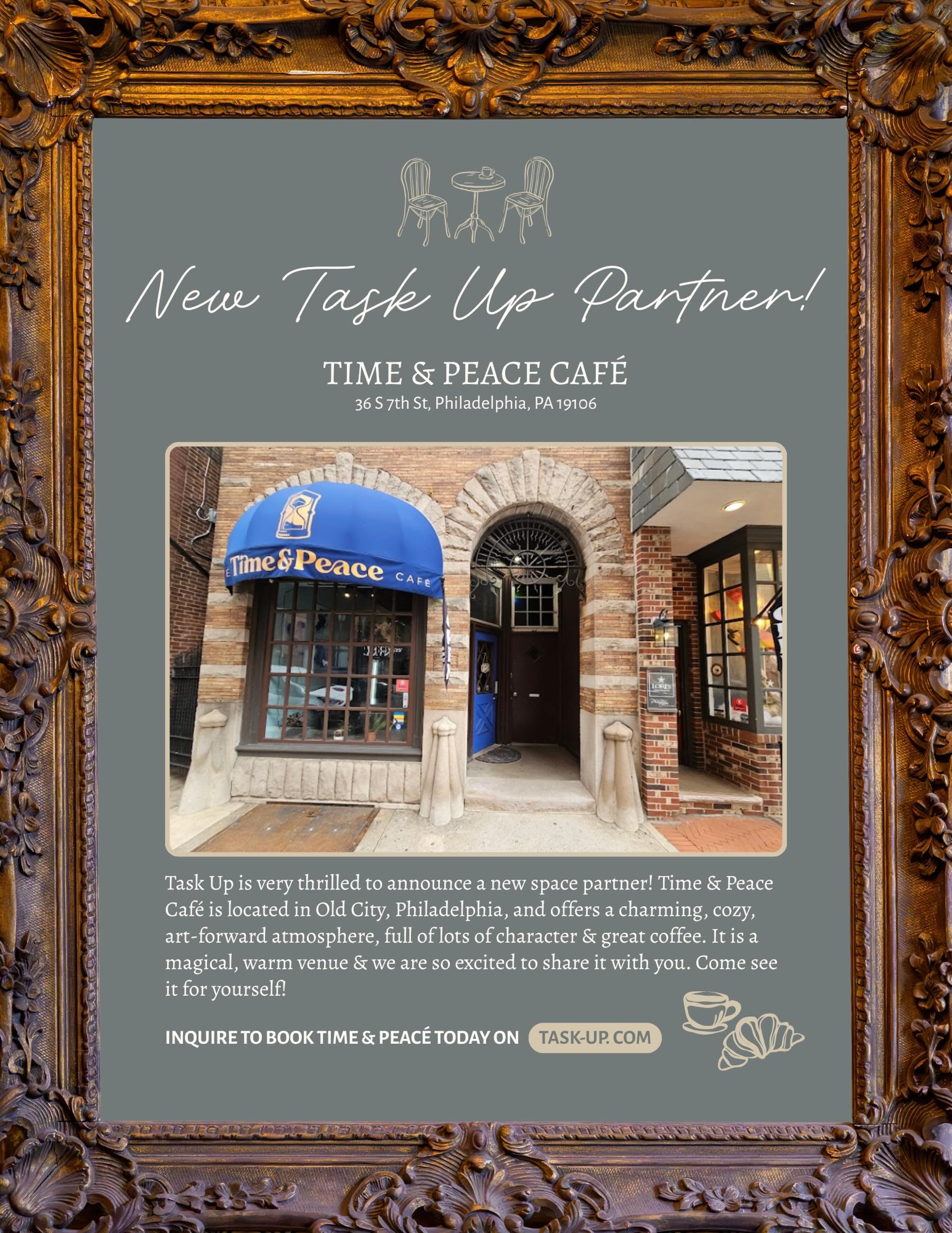 Drumroll please… 🥁 We’ve been working on something very special here at Task Up. We have partnered with our wonderful friends over @timeandpeacecafe 🎉☕️ The page is now LIVE & you can inquire to book Time & Peacé here:
https://www.task-up.com/book-time-peace
We are overjoyed to work with this beautiful one-of-a-kind venue & such an amazing team 🤍 Cheers to the start of an exciting new chapter together! ✨ #partner #eventspace #philly #venueinspo #collab