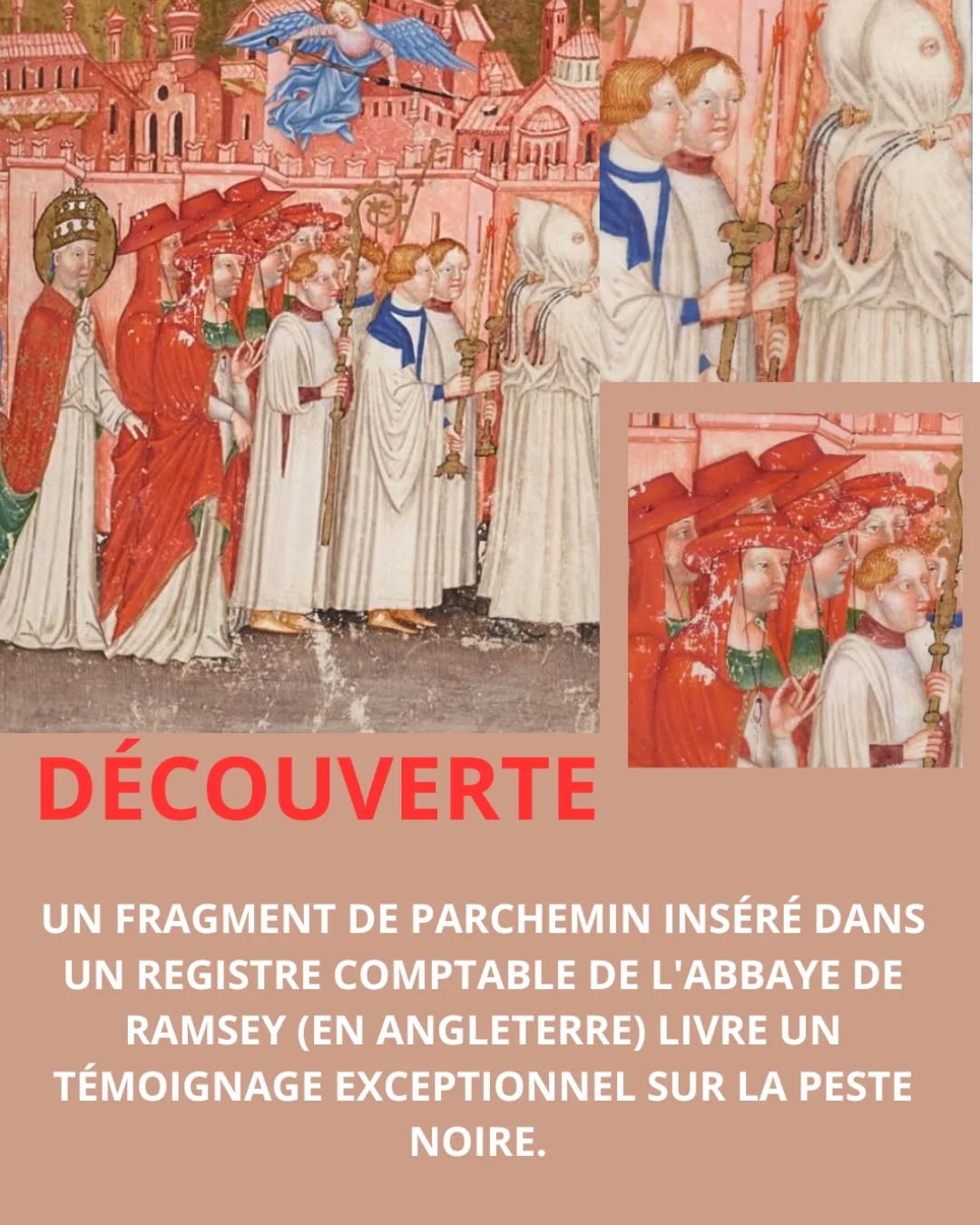 Un document médiéval exceptionnel découvert dans les archives de l’abbaye de Ramsey, en Angleterre, apporte un éclairage inédit sur les survivants de la peste noire de 1349. Contrairement aux sources habituelles centrées sur les morts, ce registre mentionne 22 paysans tombés malades, la durée de leur absence et ceux qui ont survécu. La plupart furent incapables de travailler entre trois et quatre semaines, certains seulement une semaine, d’autres jusqu’à neuf. Ces données montrent qu’il était possible de guérir de la peste, malgré une mortalité massive qui aurait tué entre un tiers et deux tiers de la population européenne.
Le document révèle aussi l’impact considérable de l’épidémie sur la société médiévale : en quelques mois, les absences pour maladie furent dix fois plus nombreuses qu’en temps normal, provoquant une grave pénurie de travailleurs et des récoltes catastrophiques. Les survivants semblent souvent appartenir aux paysans les plus aisés, ce qui suggère que de meilleures conditions de vie augmentaient les chances de guérison. Cette découverte permet ainsi de mieux comprendre non seulement la mort, mais aussi la maladie, la convalescence et la résilience des populations face à l’une des pires pandémies de l’histoire.
Source : British Library, Add. Roll 39811.
Procession contre la peste, Livre d'Heures, XIVe siècle. Paris, BnF, ms Latin 757, f. 155.
#medievalart #medieval #medievalhistory #histoire