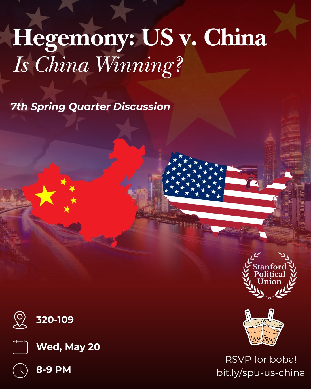 From AI and manufacturing to education, geopolitics, and culture, the balance of power between the China and the United States is one of the defining questions of our time. Is China truly overtaking the U.S., or are we misunderstanding what “winning” even means in a globalized world? Join the Stanford Political Union for an open community discussion on competition, innovation, national strength, and the future of the international order.
RSVP at bit.ly/spu-us-china
