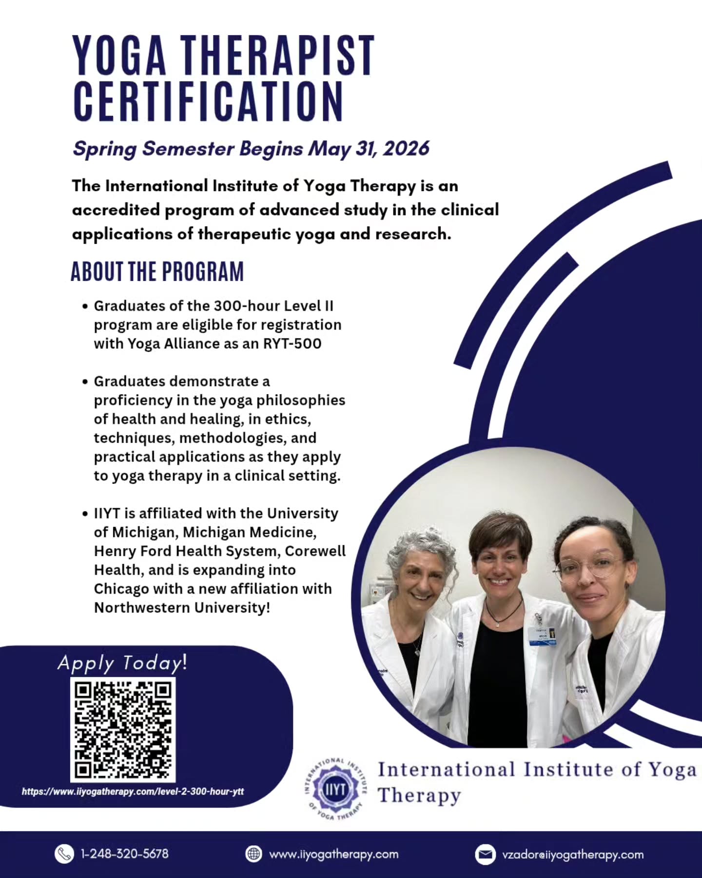 Applications for entrance into IIYT's Yoga Therapy Certification program are currently open! The semester begins May 31, 2026. Apply today to reserve your spot. To apply, visit our website or scan the QR code!
The International Institute of Yoga Therapy is a fully-accredited program of advanced study in the clinical applications of therapeutic yoga and research affiliated with the University of Michigan, Michigan Medicine, Henry Ford Health System, Corewell Health, and Northwestern University, Living Well Cancer Resources! Questions? Visit www.iiyogatherapy.com or email vzador@iiyogatherapy.com
#yoga #YogaCommunity #YogaTherapy #IIYT