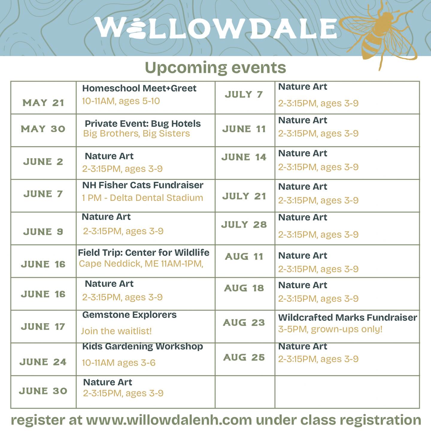 Progress over perfection with this chart, my friends 🤣 Sometimes we (ok, I) obsess over the teeny tiny details instead of just getting the info out to YOU!
Summer Event Highlights
🎨 Nature Art with @brandympatterson
🪴 Kids Garden Club with @rehlherbsgarden
Register at the link in our bio 🔗 When will we see you this summer?! ☀️
#nhlife #willowdalenh #allarewelcome #outdoorsall4nh #natureplaynh