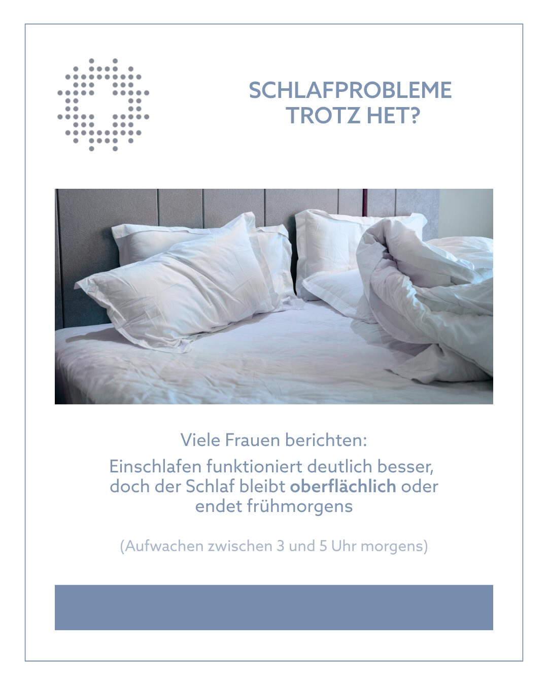 Einschlafen ist nicht gleich Durchschlafen. Viele Frauen berichten unter HET:
Das Einschlafen funktioniert deutlich besser – doch der Schlaf bleibt oberflächlich oder endet frühmorgens. Oft liegt die Ursache nicht in der Dosis, sondern im Timing der Hormone. Die gute Nachricht: Besserung durch eine gezielte Anpassung. #menopause #homeofhealth #ordination #sleepproblems #womenshealth