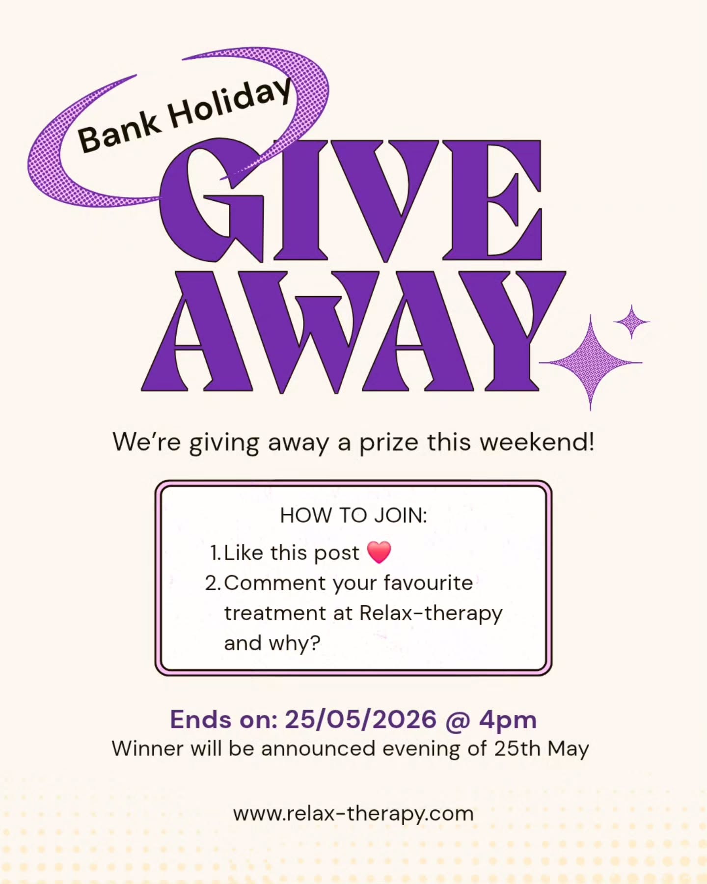 ✨ BANK HOLIDAY GIVEAWAY ✨
A little self-care treat for one lucky winner 🤍
This mini wellness gift box includes:
• Oshadhi aromatherapy oil
• Cooling eye patch
• Pukka tea
• Epsom salt soak
• Beautifully packed in a gift box
To enter:
❤️ Like this post
✨ Comment with your favourite treatment at Relax-therapy and why?
Bonus entry:
Share this post to your story & tag Relax-therapy 🤍
Winner announced on Monday 25/05
UK entries only. Collection only.
#bankholiday #wellnessgiveaway #selfcare #aromatherapy #relaxation smallbusinessuk