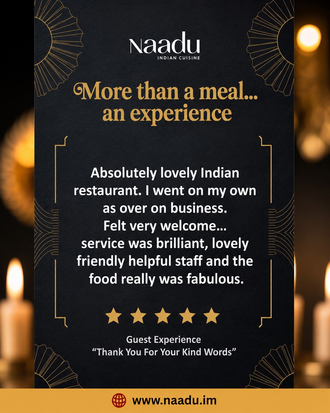 We love hearing experiences like this
Whether you’re visiting for business or simply exploring on your own, Naadu is all about making you feel comfortable, welcomed and cared for.
From our attentive team to our flavourful, authentic dishes, every detail is designed to create a memorable dining experience.
Great food. Warm hospitality. A place you’ll want to return to.
Book your table: https://www.naadu.im/
#NaaduIOM #CustomerLove #DiningExperience #IndianCuisine #FoodLovers #RestaurantReview #Hospitality #DouglasDining #SoloDining #GourmetExperience #FineDining