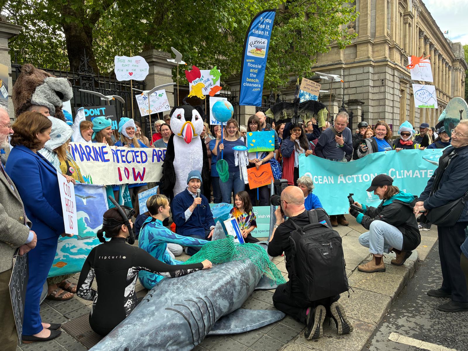 Coastwatch's Karin Dubsky, Elise Merckel, Milena Kotzev and Patrick Veale amongst an excited crowd at The Rally for Ireland's Seas today in Dublin as Fair Seas's Jack O'Donovan Trá interview with a budding marine biologist has everyone in stitches!