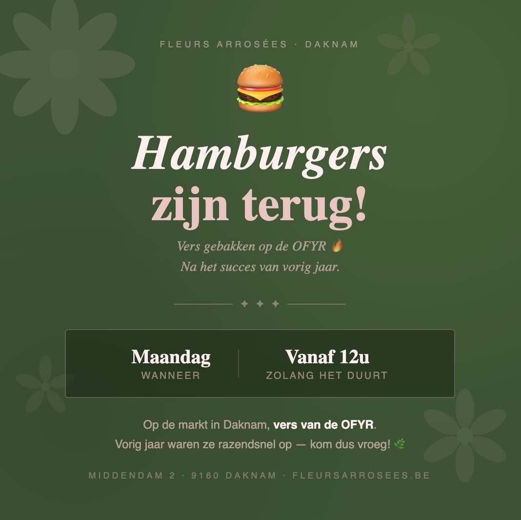 ๐๐ฅ Hij is terug. Na het succes van vorig jaar gooien we maandag opnieuw de OFYR aan โ en bakken we hamburgers tijdens de Trappistenfeesten.
Vers van het vuur, vanaf 12u. Zolang de voorraad strekt โ en die was vorig jaar snel op. ๐๐
Tot maandag! ๐ฟ