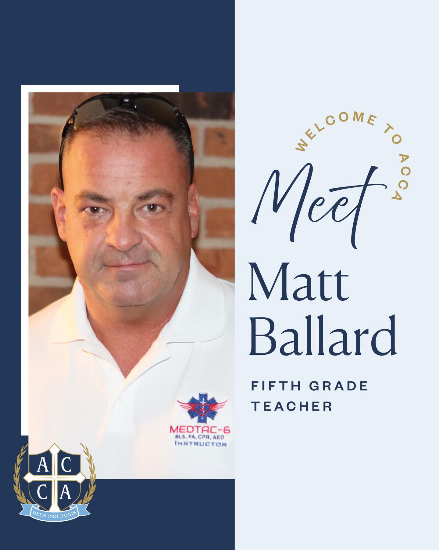 We are excited to begin introducing some of the new faculty joining us for the upcoming school year. Welcome Mr. Ballard, 5th Grade Teacher!
Mr. Matt Ballard has over 20 years of teaching experience at the primary, secondary, and collegiate level with concentrations in Special Education, Advanced Placement (AP), and International Baccalaureate (IB) curriculums. He is also a retired U.S. Army Intelligence Officer and leadership instructor at the United States Military Academy (West Point). Mr. Ballard has a lifelong love of music and a professional background in theater arts and sound engineering, most recently serving as the AV director at First Baptist Church of Alexandria! Mr. Ballard uses his free time ot serve as an American Red Cross instructor and enjoy the outdoors with his family. He is looking forward to teaching fifth grade at ACCA this fall. Students and parents can expect a classical education classroom that is Christ-centered and continues to maximize and grow the ability of children to learn and retain knowledge, while develop skills to lead, follow, team build .... and .... have fun!
#classicalchristianeducation #teacher #alexandriava #truthgoodnessbeauty #heartsoulmind