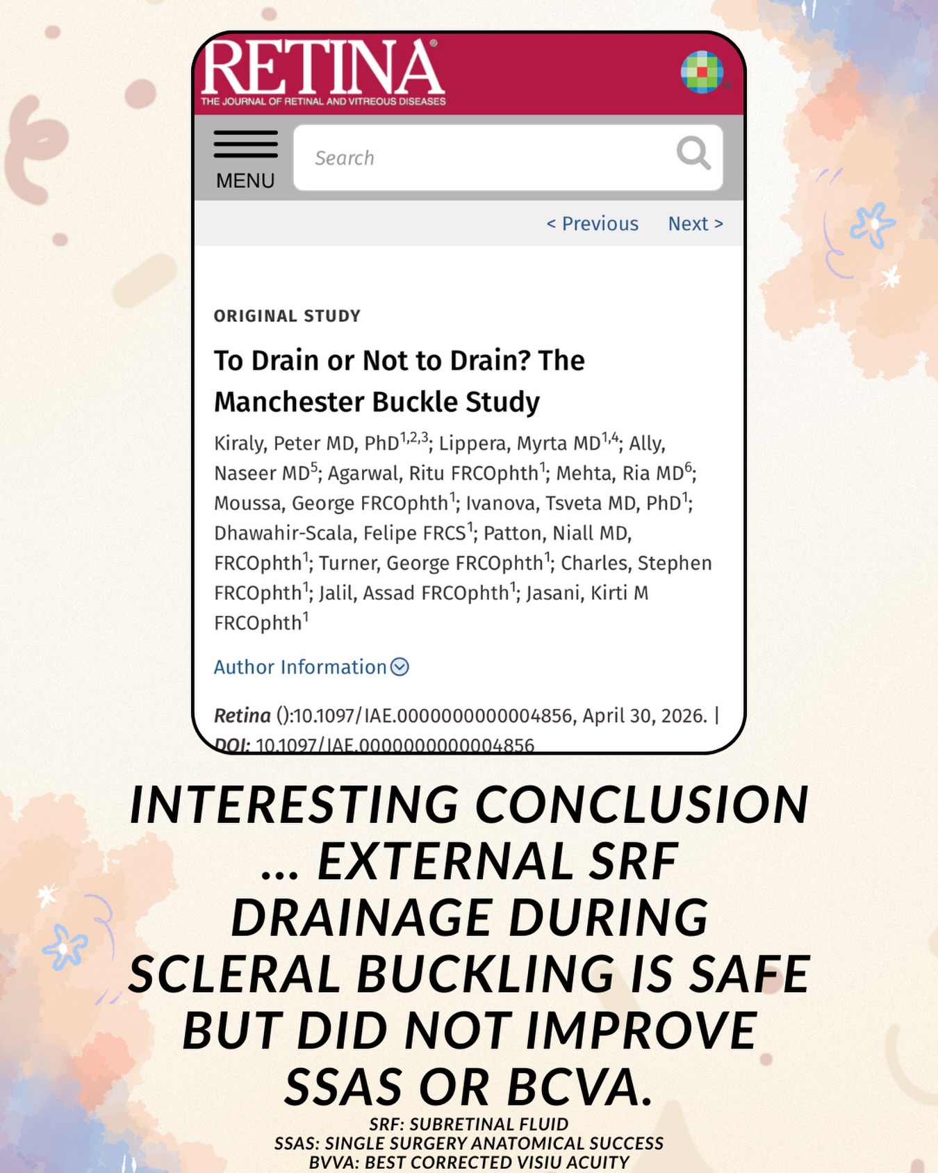 The Manchester Royal Eye Hospital is so consistent in publishing at least one Manchester Study in ophthalmology every year. Well done for another well written paper ☺️ @georgemoussa89
#retinaldetachment #scleralbuckle #ophthalmology #vitreoretinalsurgery #eyedoctorchng