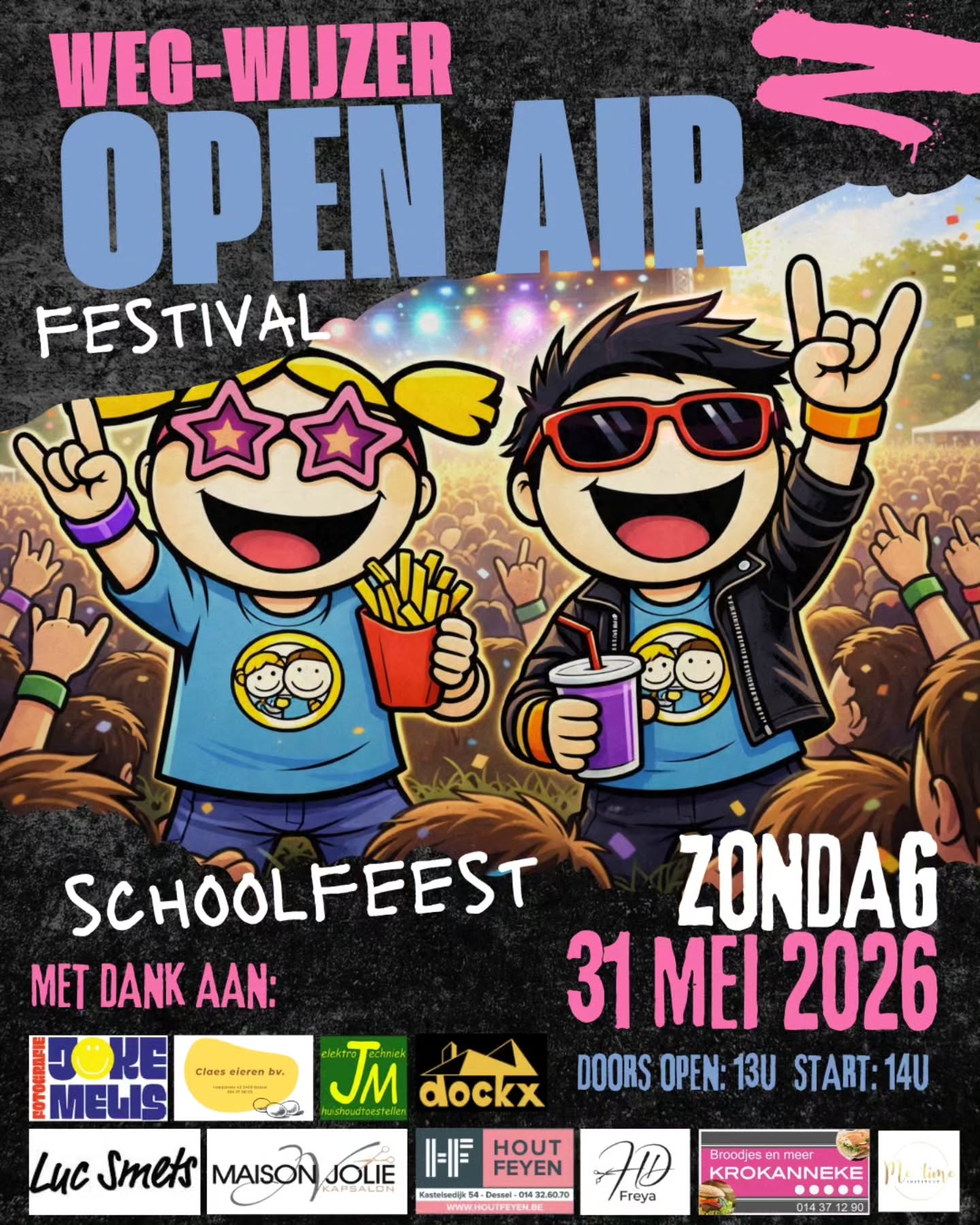 SCHOOLFEEST ๐ธ
Aftellen... Nog 10 keer slapen en het is zo ver.
Welkom op ons weg-wijzer Open Air Festival!
De voorbereidingen zijn volop aan de gang,
er wordt gedanst, geacteerd en gerepeteerd.
Zin in een lekker frietje tussendoor of een goeie hamburger? Bestel nog snel!
Bestellen kan t.e.m. morgen, 22 mei.
Wij kijken er naar uit!
๐ธ๐
#schoolfeest #festival #samen #basisschool
#dessel