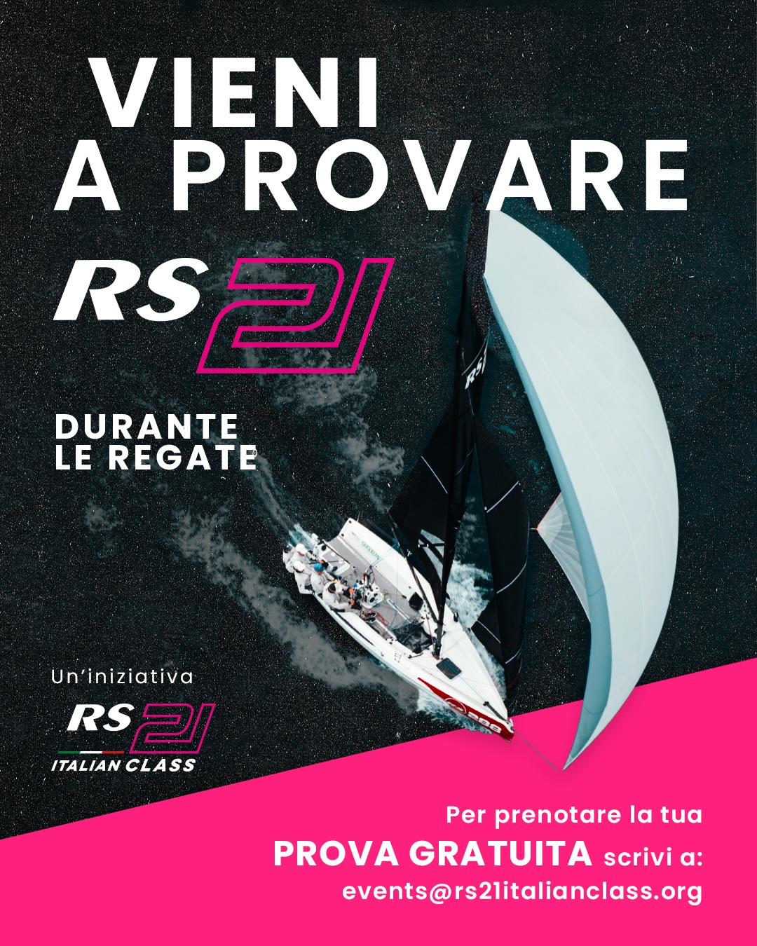 ๐ฎ๐น PROVA RS21 โต๏ธ๐
Vuoi salire a bordo di un RS21 e capire dal vivo perchรฉ questa classe sta crescendo cosรฌ in fretta?
Durante gli eventi del Circuito Italiano RS21 CUP 2026, alcuni armatori mettono a disposizione la loro barca per far provare lโRS21 a chi รจ interessato โ sia nei giorni di allenamento pre-regata sia nei giorni di regata, al rientro a terra.
Come funziona?
๐น La classe ti accompagna sul campo di regata
๐น Possibilitร di seguire le prove dalla barca ospitality (quando disponibile)
๐น Al termine delle prove โ si sale a bordo di un RS21 e si esce a navigare con armatore ed equipaggio
๐น Nessun costo, nessun impegno: solo la voglia di provare la barca
ร il modo piรน diretto per toccare con mano cosa significa regatare in RS21: un monotipo veloce, divertente, equilibrato e con una flotta italiana sempre piรน numerosa.
๐ฉ Per prenotare la tua prova scrivi a: events@rs21italianclass.org
#RS21 #RS21ItalianClass #RS21Cup2026 #OneDesign
๐ฌ๐ง TRY THE RS21 โต๏ธ๐
Curious about the RS21 and want to feel why this class is growing so fast across Europe?
Throughout the 2026 Italian RS21 CUP Circuit, several owners are opening their boats to let interested sailors try the RS21 โ both during the training days before each event and on race days, once the fleet is back ashore.
How it works:
๐น The Class brings you to the race course
๐น Watch the races from the hospitality boat (when available)
๐น After racing โ jump aboard an RS21 with owner & crew for a real sail
๐น No cost, no commitment โ just come and try
The easiest way to experience first-hand what RS21 one-design racing feels like: fast, fun, balanced, and with a thriving Italian fleet.
๐ฉ Book your test sail: events@rs21italianclass.org