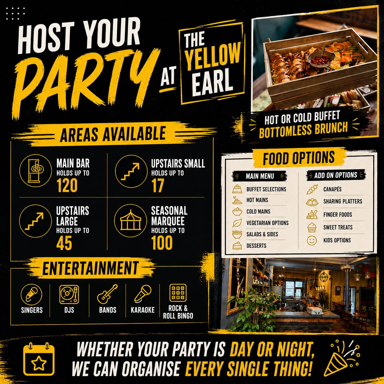 Did you know it’s free to hire out
The Yellow Earl
Take the hassle out of organising your party
let us sort everything for you…
Easy peasy
✨We are taking bookings for private parties, public parties or just table reservations.
✨We will have 4 areas to hire this year; main bar, upstairs large room, small upstairs room and the marquee. for parties from 10 people up to 130 guest’s
🎵 Entertainment options:
Live DJ
Live Singers
Live Band
Rock and roll bingo
Beer Pong
🍔 Food options:
Buffets (hot or cold)
Main menu meal’s
Bottomless brunch
Getting in touch:
📞 01946 691450
📱 WhatsApp: 07510 427358
📥 Facebook/instagram
📧 bookings@theyellowearl.com