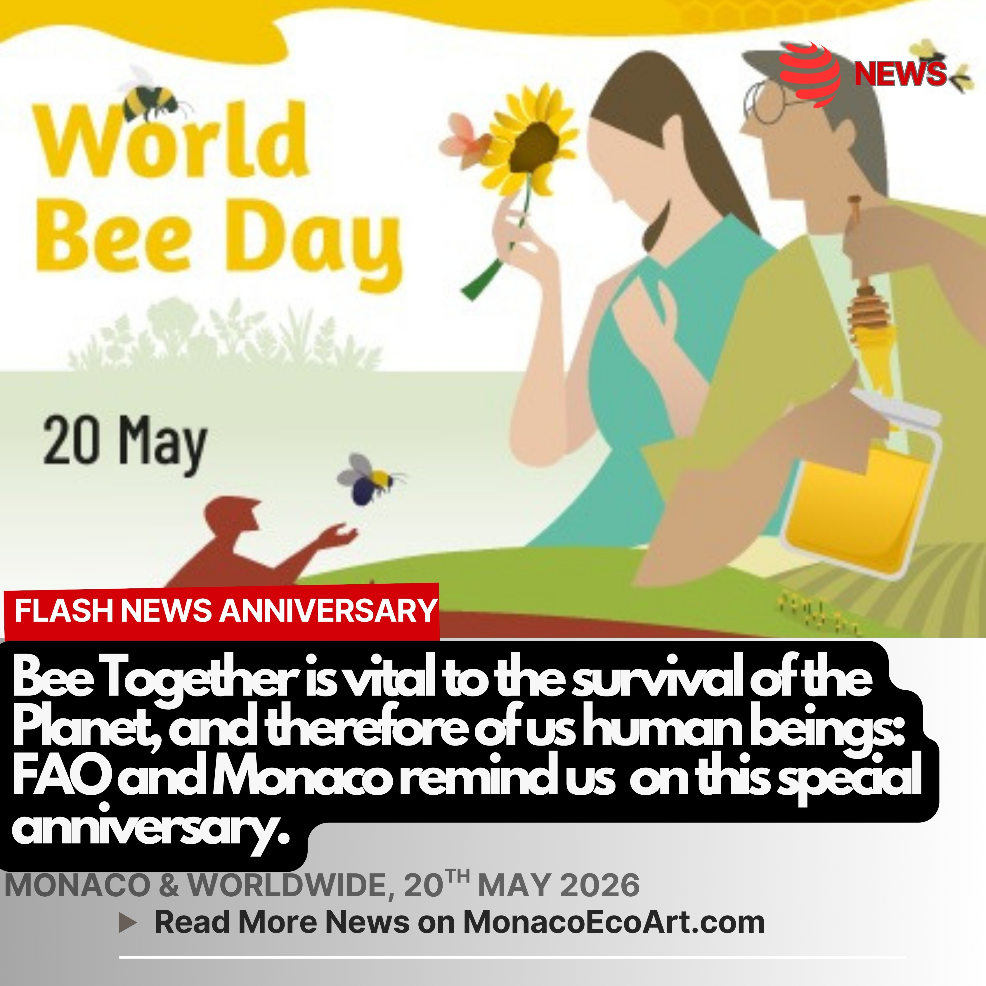 @mo.eco_art MonacoEcoArt.com #flash #news #anniversary #worldbeeday #monaco 🇲🇨🐝 Today (20th May 2026) we celebrate the FAO World Bee Day under the main theme "Bee Together for People and the Planet – A partnership that sustains us all," recognising thousands of years of human-#pollinator connection: the Principality of Monaco is in pole position in #safeguarding #bees by organising various initiatives throughout the year, including complimentary family-friendly workshops at the UNESCO Gardens and Fontvielle terraces within APIdays in June, an educational initiative aimed at raising awareness about the #protection of #pollinators 🌻🍯 Since 2011, the Principality of Monaco has partnered with the Union Nationale de l’Apiculture Francaise UNAF (French National Union of Beekeeping) to champion the "Bees, Environmental Sentinels" program in order to protect local #biodiversity and raise awareness about the #vital role of pollinators through events usually feature honey harvesting and extraction workshops, beeswax candle-making, and exhibitions on urban #digital-connected #beehives located throughout the Principality, like the one located on the roof of the Museum of Stamps and Coins 🌺🌼Bees and other pollinators (e.g.: butterflies, bats, colobris, etc.) are unseen architects of our #ecosystems, sustaining agriculture and biodiversity worldwide, although these #creatures are facing unprecedented human and weather pressures from land use changes, climate change, and agrochemicals: food security depends on them considering that they pollinate over 75% of the world's food crops, including essential fruits, vegetables, nuts, and seeds, while ensuring the survival of nearly 90% of wild flowering plants🌐👐 we have to act to protect bees via tangible actions, notably: planting native flora, ditching pesticides, providing bee baths, letting the grass grow wild as far as possible and support local organic farmers 📸 © @fao - Layout and Contents by: © MonacoEcoArt