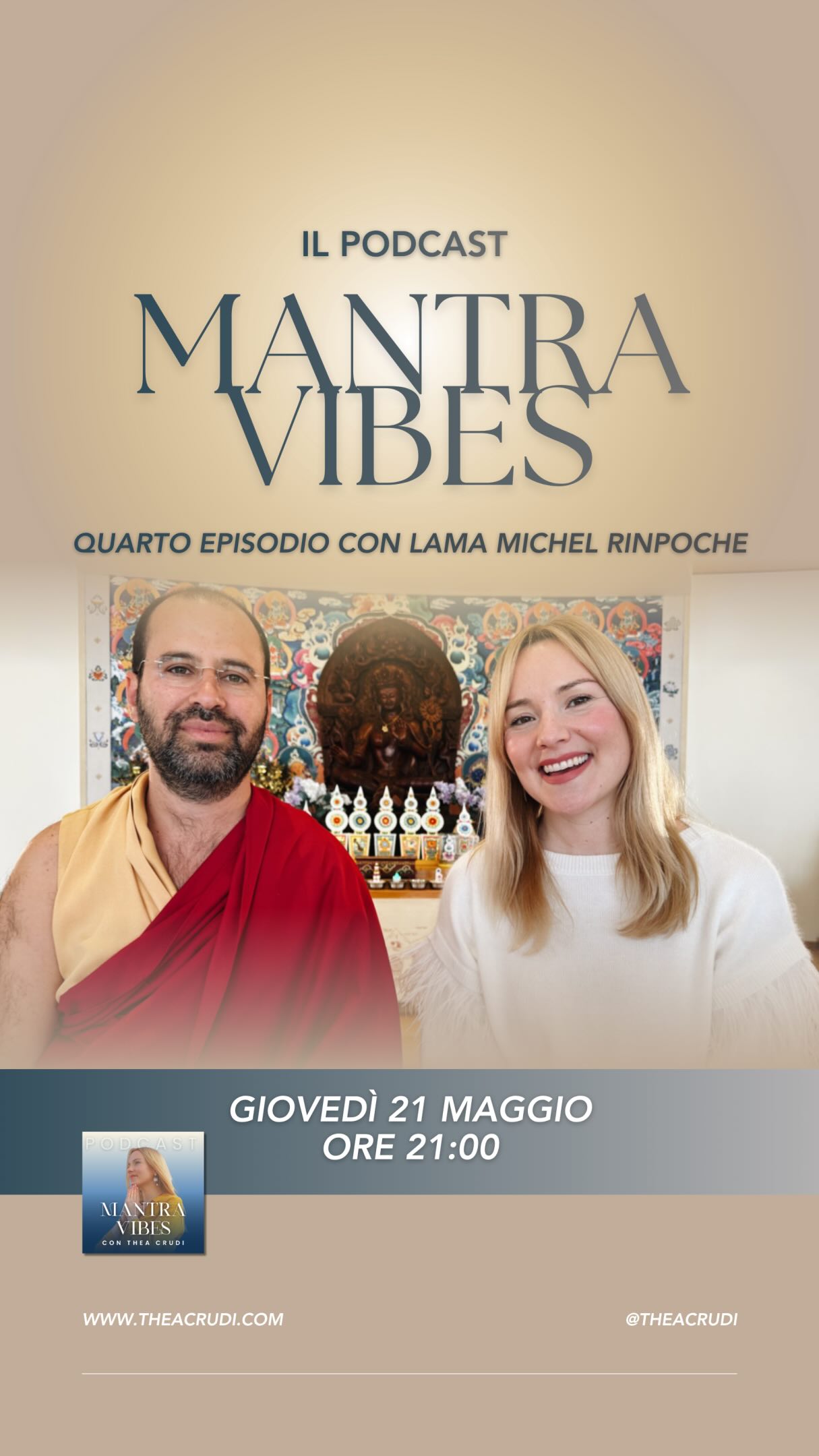 Sono felice di annunciarvi che questa settimana uscirà il quarto episodio della terza stagione di MantraVibes 🥰
Un nuovo incontro, una nuova occasione per immergerci nel Silenzio e approfondire temi che toccano le radici stesse del nostro Essere.
In questo quarto episodio ho avuto l’immenso piacere e l’onore di dialogare con Lama Michel Tulku Rinpoche, guida spirituale di fama internazionale e detentore del lignaggio Ngalso Ganden Ngengyu del Buddismo Tibetano. Figlio spirituale di T.Y.S Lama Gangchen Tulku Rinpoche, Lama Michel è responsabile di venti centri Ngalso nel mondo, di otto fondazioni e della Fondazione Help in Action Onlus, oltre a essere rappresentante per le Nazioni Unite della Lama Gangchen World Peace Foundation.
È stato un incontro di intensità e profondo sentire che mi accompagnerà nel tempo. Gli sono molto grata per aver portato la sua luce e la sua straordinaria saggezza in questo spazio condiviso 🙏🏻
🎧 Potrai ascoltare l’episodio completo su YouTube e su tutte le piattaforme streaming (Spotify, Apple Podcast e Amazon Music).
✨ MantraVibes vuole essere uno spazio di crescita personale, risveglio di coscienza e yoga spirituale. Un luogo in cui le saggezze diventano strumenti concreti per trasformare il nostro quotidiano.
👉🏻 Ci vediamo questa sera, giovedì 21 maggio, alle ore 21:00 in première su YouTube.
💬 Commenta “podcast” per ricevere info in DM e recuperare gratuitamente gli episodi precedenti!
Ti aspetto 🩵
#mantravibes #spiritualità #meditazione #buddismo #lamamichel
