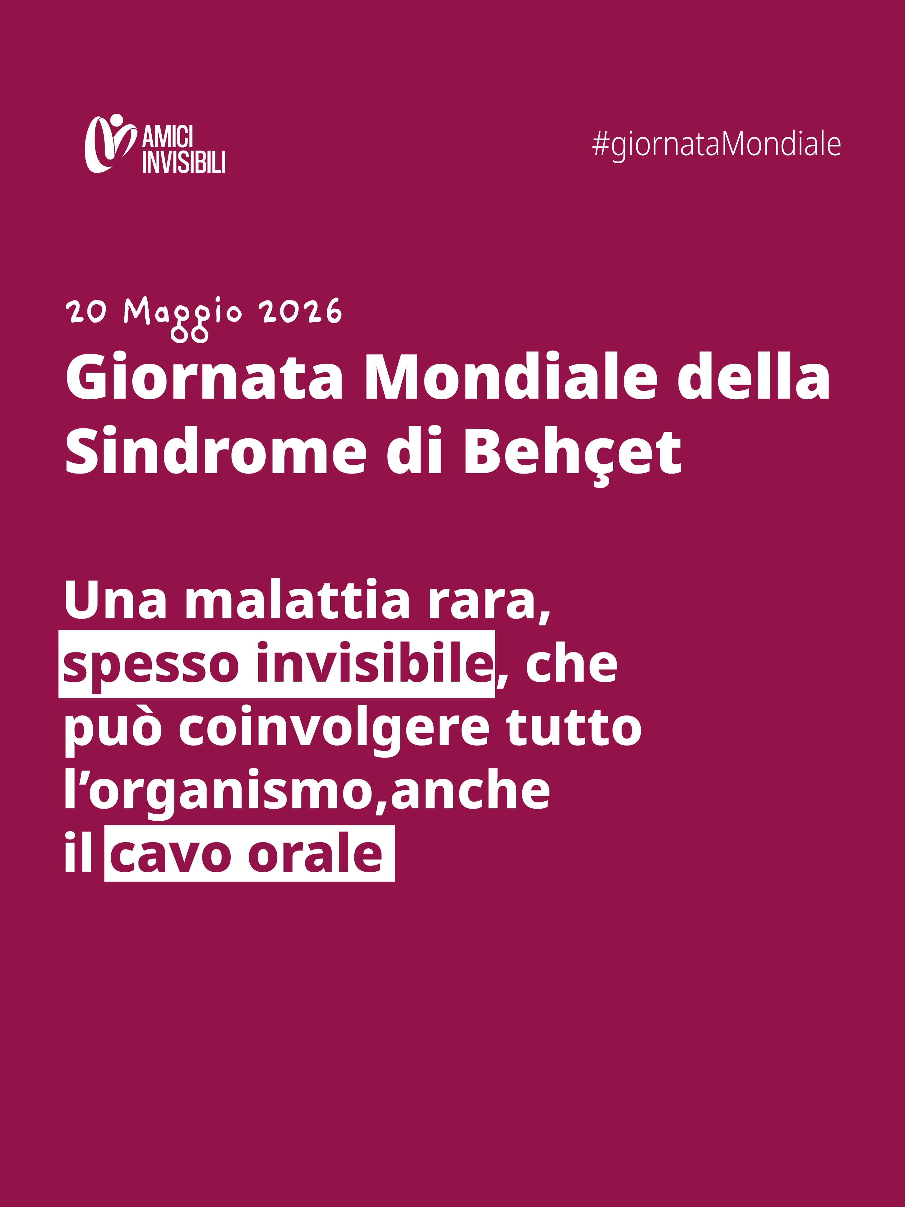 Oggi é la giornata mondiale della Sindrome di Behçet: quando la bocca racconta una malattia sistemica.
La Sindrome di Behçet è una malattia rara e complessa caratterizzata da vasculite dei vasi di piccolo e medio calibro, con un’origine multifattoriale che coinvolge predisposizione genetica e disfunzione del sistema immunitario.
Colpisce diversi organi, tra cui bocca, occhi, pelle, articolazioni e apparato vascolare, ed è spesso sottovalutata perché i sintomi possono comparire in modo intermittente.
Le ulcerazioni orali ricorrenti rappresentano uno dei segni precoci più frequenti: molto dolorose, di lunga durata e difficili da distinguere dalle comuni afte. Altri segni clinici includono lesioni cutanee, infiammazione oculare, artralgie e, nei casi più gravi, trombosi o complicanze oculari.
👉🏻 La diagnosi si basa sull’osservazione clinica dei sintomi ricorrenti e sull’esclusione di altre patologie, mentre la gestione richiede terapie immunomodulanti, monitoraggio multidisciplinare e supporto odontoiatrico per la gestione delle ulcere orali.
Le ulcere orali persistenti e ricorrenti non vanno mai trascurate. Possono essere il primo campanello d’allarme di una malattia sistemica invisibile e la loro corretta valutazione può fare la differenza nella diagnosi precoce e nella prevenzione delle complicanze.
#AmiciInvisibili #SindromeDiBehcet #MalattieRare
