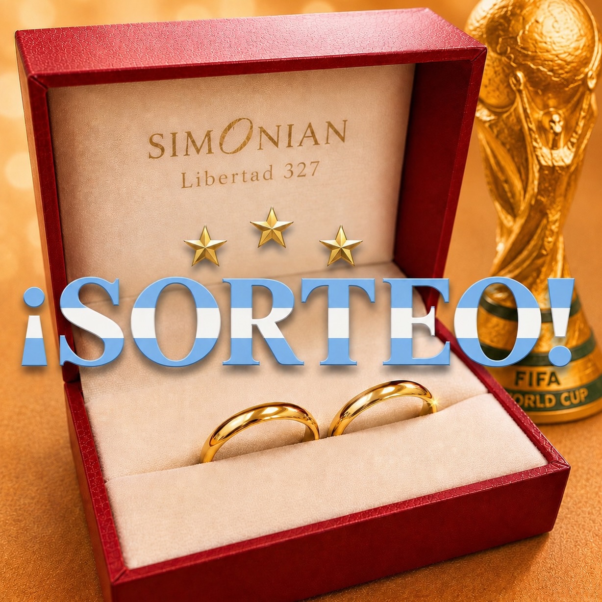 🏆💍 SORTEO de MUNDIAL! 💍🏆
¡Llega el GRAN Sorteo Mundial de Alianzas! 🇦🇷✨
Ganate un PAR de ALIANZAS de ORO 18K!!! 😍
👇 ¿CÓMO PARTICIPAR? 👇
☘️ Seguinos en estas 4 cuentas:
• @simonian.alianzas ✅
• @benjaminsimonian ✅
• @simonian.joyasdeautor ✅
• @simonian.losangeles ✅
☘️ Dale like a esta publicación! ❤️
☘️ Compartí este post en tus historias y etiquetanos! 📲
☘️ Etiquetá a 5 amigos en los comentarios! 👥✨
❤️ ¡Y ya estás participando! ❤️
📅 El sorteo FINALIZA el MARTES 16/06/2026 a las 17hs. 😍
👇 BASES Y CONDICIONES 👇
• Sorteo únicamente por Instagram.
• Las alianzas incluyen Certificado de Garantía de Oro 18K de por vida, grabado interno, modificación de medidas, pulido y restauración ✨
• Si el ganador/a no cumple los requisitos, las alianzas se vuelve a sortear.
• Sorteo válido PARA TODO EL PAÍS! 🇦🇷❤️
• Participación solo para mayores de 18 años.
🍀 ¡Muchísima suerte para todos! 🍀
¡¡¡A PARTICIPAR!!! ❤️❤️❤️
SIMONIAN® Alianzas
“Uniendo parejas desde 1975”
Orfebre: @benjaminsimonian 💍
#sorteo #mundial #alianzas ❤️