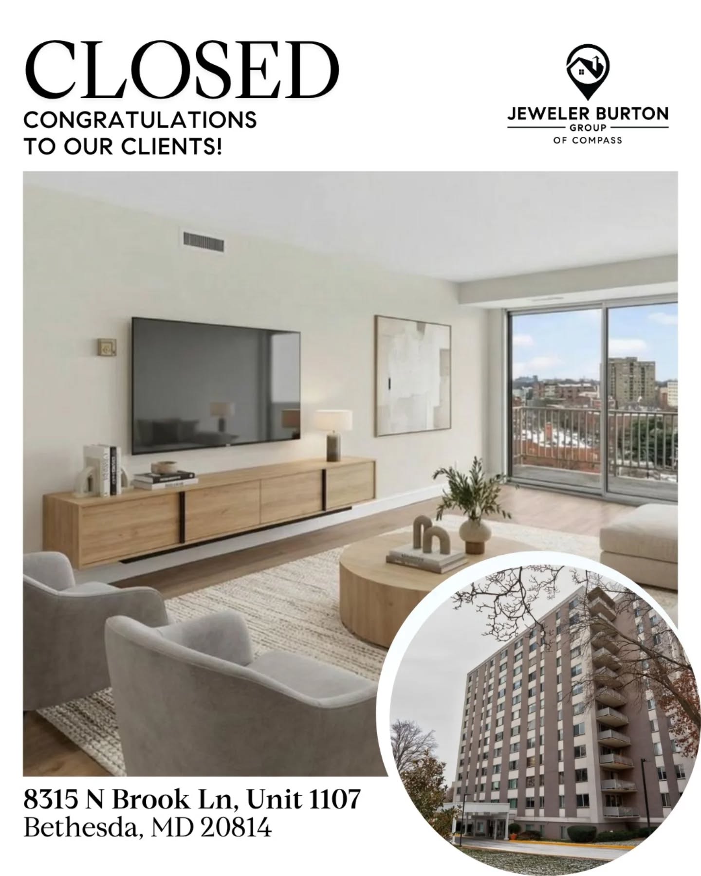We just closed 8315 N Brook Ln, Unit 1107 in Bethesda. Congratulations to our sellers!
Thinking about selling? Let's talk.
JT Burton | 301.928.3456 | JT@JewelerBurton.com |
www.JewelerBurton.com
#JustClosed #BethesdaRealEstate #CompassRealEstate