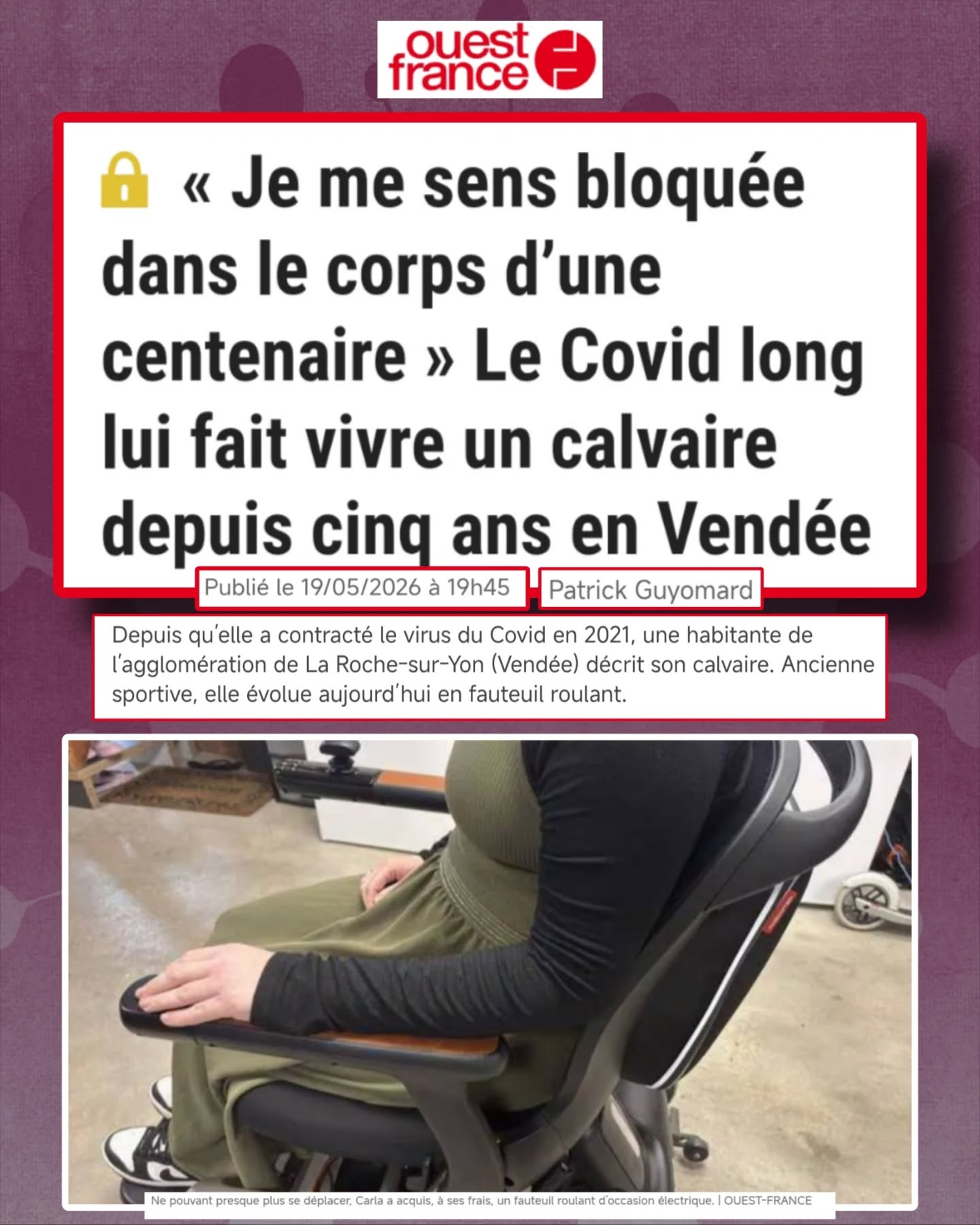 Merci à Carla (prénom modifié), 37 ans, qui témoigne dans @ouestfrance de son combat face au #CovidLong
💬« Les médecins disaient à l’époque qu'il fallait forcer pour que le corps se réadapte. »
Elle intègre une unité de réadaptation à l'effort tout en travaillant, "bien que les symptômes physiques s’aggravent."
💬« Étant dans l'inconnu, les médecins ont fini par me dire que c'était psychologique. »
"Carla subit une batterie d'examens cliniques pour entendre un médecin lui dire :
« Je préférerais que vous ayez un cancer, car on saurait quoi combattre. Vous êtes en Covid long, mais je ne sais pas le soigner.»"
💬« J'ai besoin de dix-huit heures de repos par jour, dans le noir, sans aucun bruit. Impossible de me concentrer sur de la lecture ou du visionnage de séries. »
💬« Je me sens bloqué dans le corps d'une centenaire. Ma vie est stoppée »
🙏« Carla s'est rapprochée de l'association #ApresJ20 qui milite pour la reconnaissance du Covid long. »
Tout notre soutien à "Carla" et merci d’avoir témoigné ✊
🔐Article réservé aux abonnés à lire ici : https://www.ouest-france.fr/pays-de-la-loire/la-roche-sur-yon-85000/je-me-sens-bloquee-dans-le-corps-dune-centenaire-le-covid-long-lui-fait-vivre-un-calvaire-depuis-cinq-ans-en-vendee-4e7fc66a-52bb-11f1-a581-dbcdabdf1915