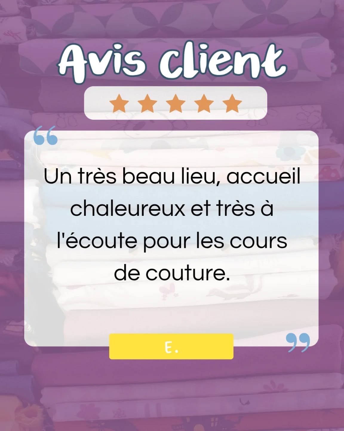 Avis ⭐️⭐️⭐️⭐️⭐️
"Un très beau lieu, accueil chaleureux et très à l'écoute pour les cours de couture"
Merci E. Pour cet avis 5✨️ !
