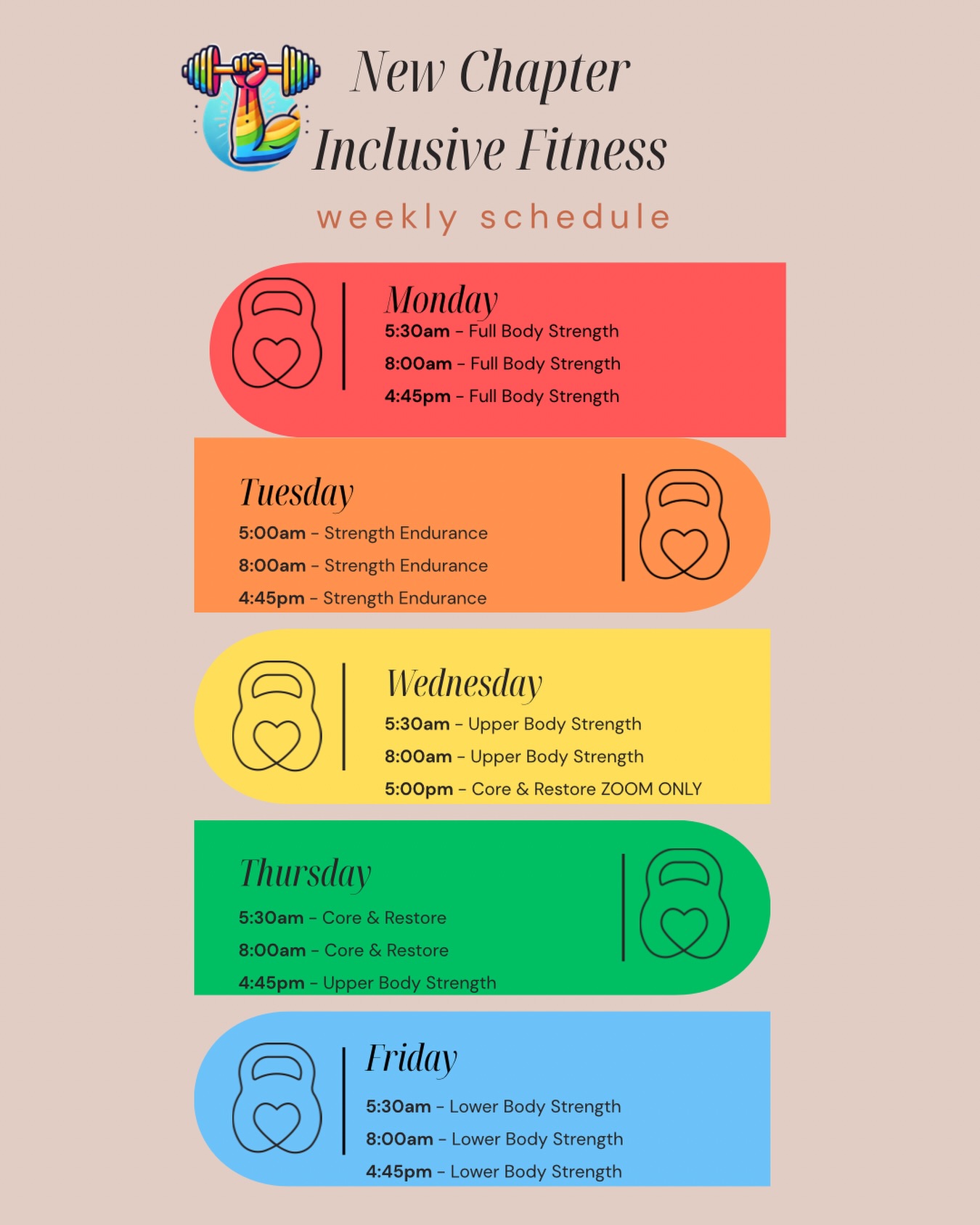 We are starting a new workout rotation tomorrow!
Every 6 weeks we update the workout schedule in order to keep the body challenged and changing.
Here is our updated schedule!
Come Join us
#workout #class #fitness #inclusive