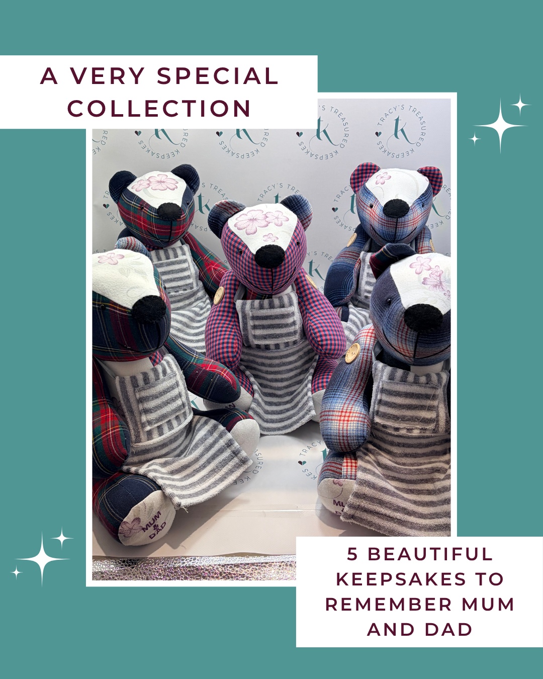 When Sam asked me to create 5 bears in memory of her mum and dad, there was a heartbreaking backstory.
Her mum died years before her dad and lived in another country. When he sorted her clothes, he didn't keep much. All Sam had was a nightie and dressing gown.
The bears are made from her dad's shirts and tops, with her mum's nightie on the tummy. The dressing gown was made into mini aprons for the bears to wear, because her mum always had an apron on from the moment she woke up.
One bear for Sam, the other four were gifts for her daughter, granddaughters, and brother, with each being posted to their house as a complete surprise. They had no idea these were being made.
Five bears, two parents, one family keeping their memories alive together.
#TracysTreasuredKeepsakes #SmallBusinessUK #PersonalisedKeepsakes #HertsCustomKeepsakes #HandmadeGiftsUK