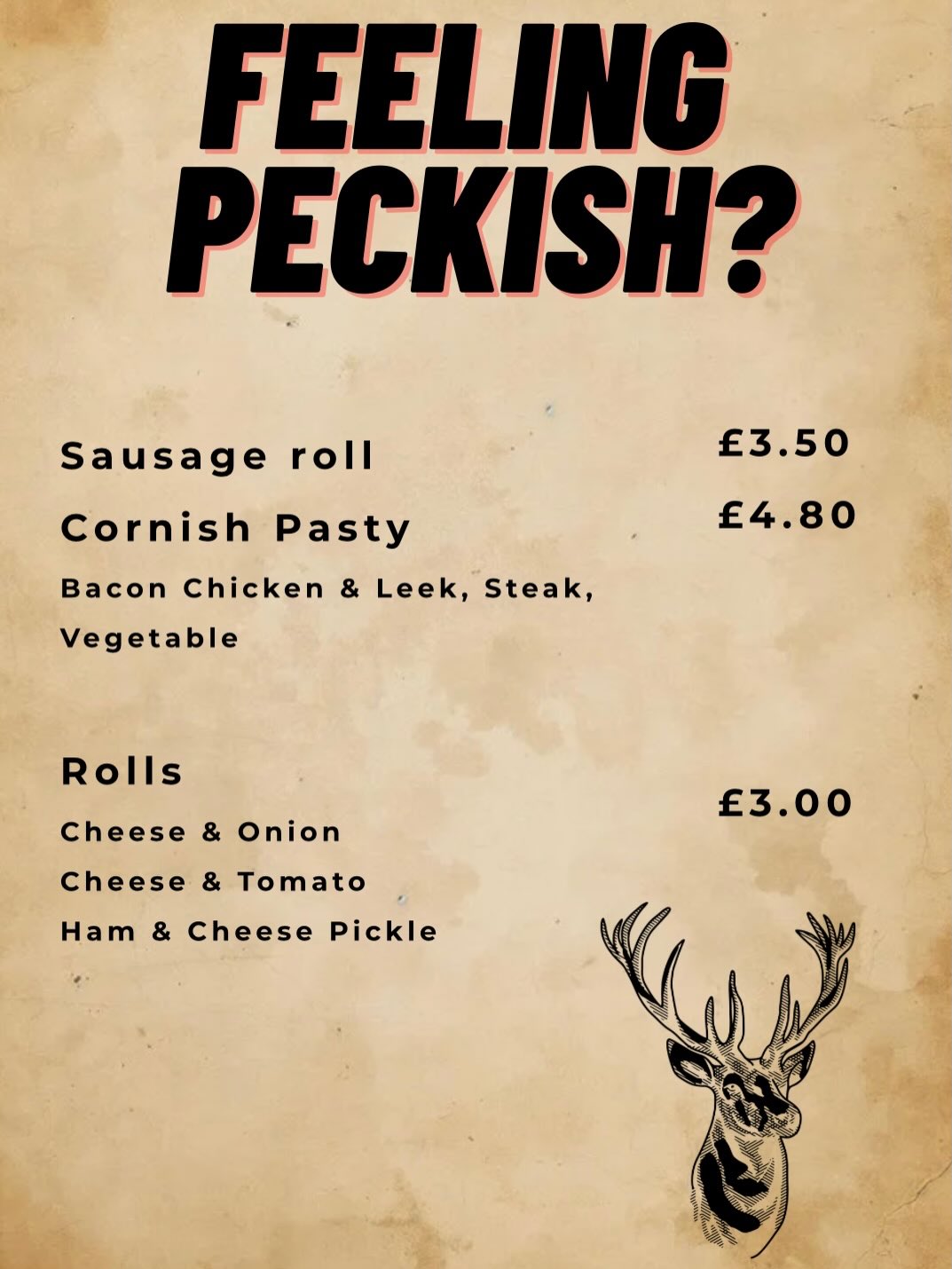Feeling peckish.
Hot pastiest
Steak!!
Chicken, bacon & Leek!!!
Veggie !!!
Hot Sausage Rolls!!
Rolls
Cheese & Onion
Cheese & Tomato
Ham, Cheese & Pickle