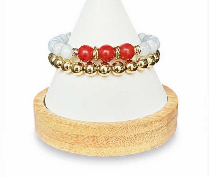 Ocean blue. Sunlit coral. The Kai ʻUla Bracelet Duo pairs deep blue jasper and vintage red coral with warm 14k gold-filled accents — bold, effortless, and handmade. Size ~7" (fits up to 7.5"). Limited one-of-a-kind piece. Link in Bio #HandmadeJewelry #StackedStyle #BlueJasper #RedCoral #GoldFilled #MokuCollection #TheQuarryShop #JewelryOfTheDay