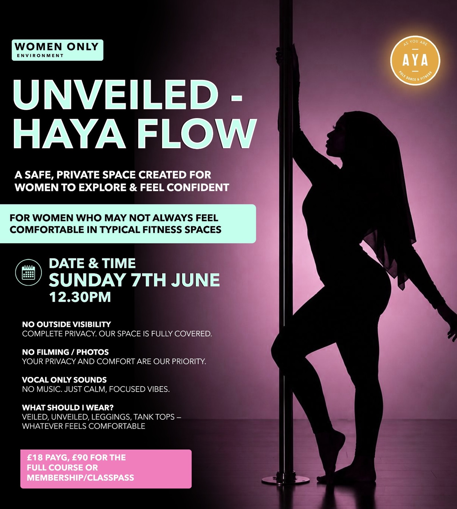 Just 2 weeks left to book our Unveiled- Haya Flow session. Only a few spaces left ‼️✨
A safe, private space created for women to explore & feel confident
ℹ️What to expect
🔒 Women-only environment (You’re safe here )
🧕 Privacy respected at all times
Windows covered, no outside visibility
📷 Filming policy
No filming or photos (only individually at the end of session if preferred)
🎵 Vocal-only sounds
🤍 No judgement, all levels welcome
🫂 Beginner-friendly & supportive space
You might be wondering…
🤍 I’ve never done pole before… Perfect! This space is for you ✨
🤍 What should I wear?
Veiled, unveiled, leggings, tank tops -whatever feels comfy
Book now on Groovio-click the link in our bio 🔗