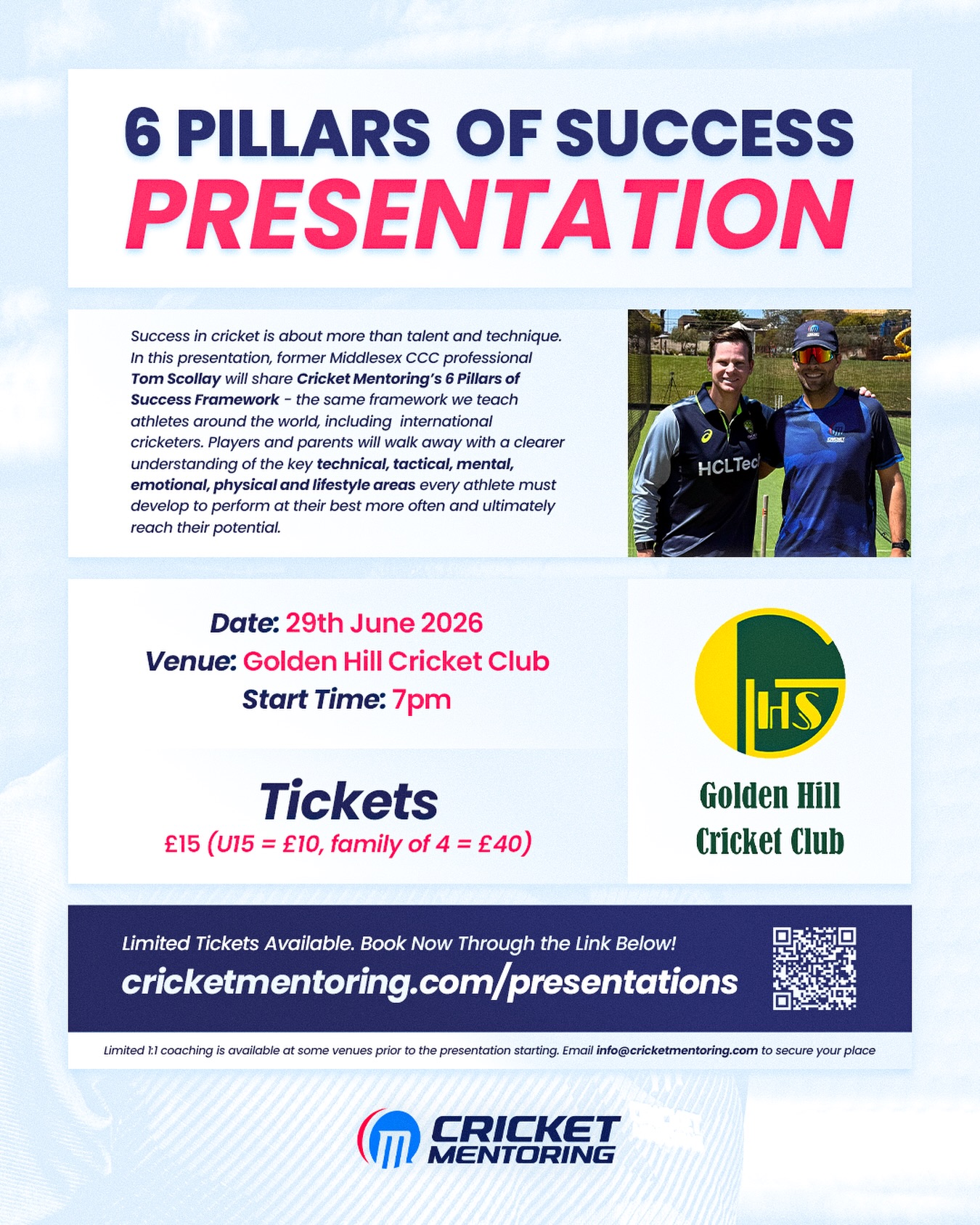 Join us at the Golden Hill Pavilion on the 29th June for the 6 Pillars of Success Presentation hosted by former Middlesex CCC professional Tom Scollay @cricketmentoring 👊
Players and parents will walk away with a clearer understanding of the key technical, tactical, mental, emotional, physical and lifestyle areas every athlete must develop to perform at their best more often and ultimately reach their potential 🧠🏏
We hope to see you there! 💚💛