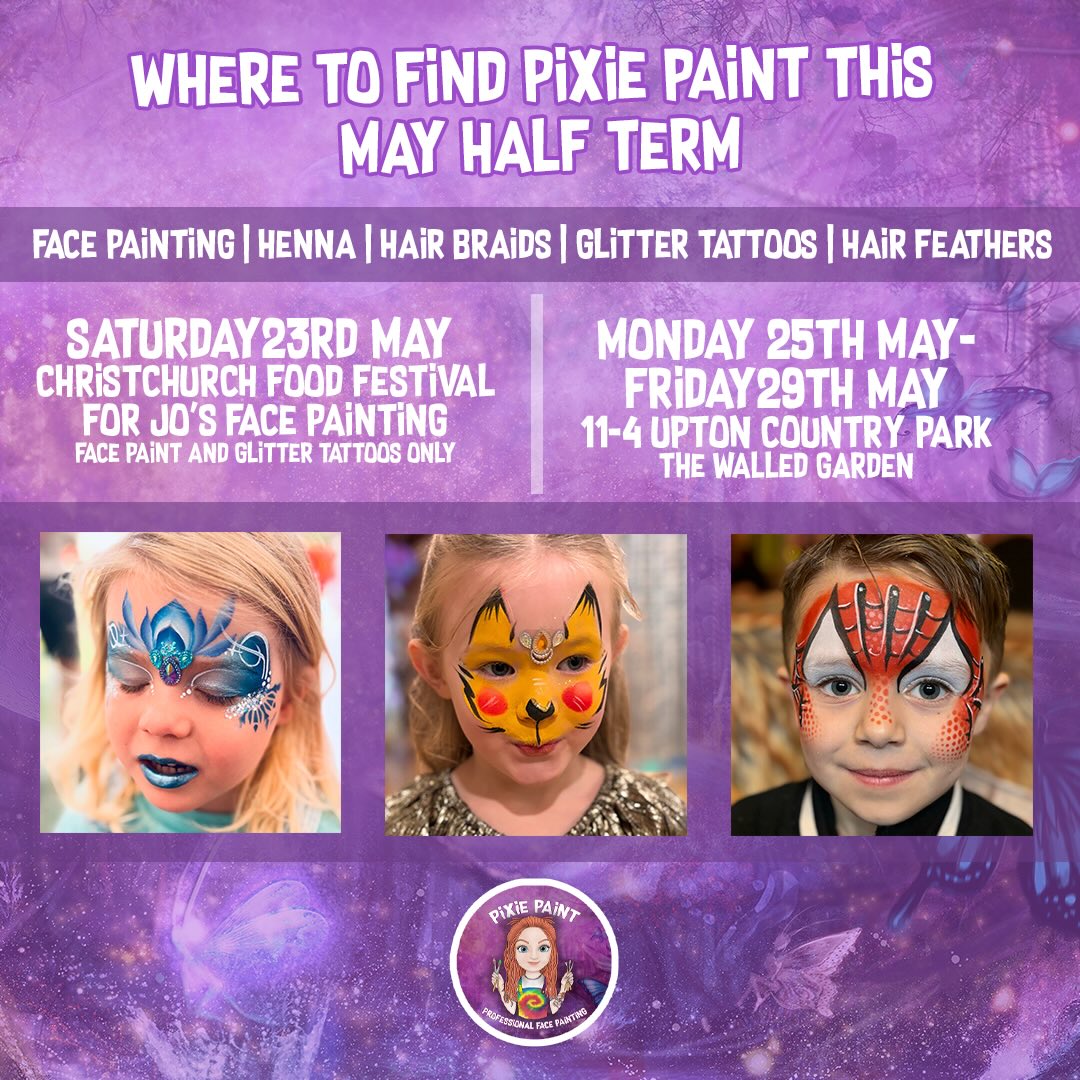 This is where you can find me over the half term holidays. Excited to be working at @christchurchfoodfestival for @jos_face_painting 😍 then next week you can find me at @uptoncountrypark in the walled garden from bank holiday Monday ✨✨ #facepaintersofinstagram #facepaintingkids #facepaintingfun #bournemouthfacepainter #dorsetfacepainter