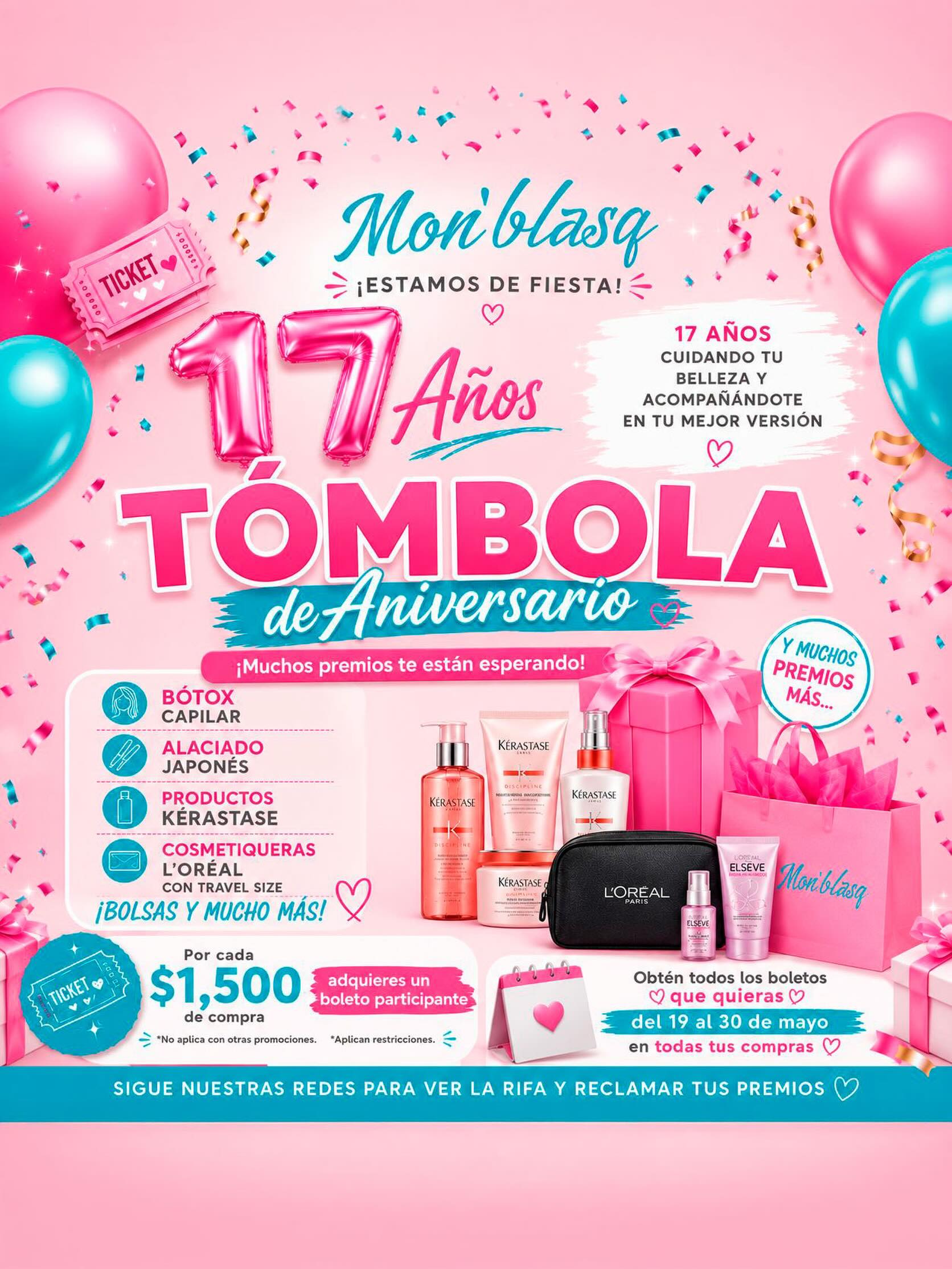 🎉 ¡Mon’blasq está de fiesta! 🎉
Cumplimos 17 años cuidando tu belleza y acompañándote en tu mejor versión 🤍
Y queremos celebrarlo contigo con nuestra Tómbola de Aniversario ✨
Por cada $1,500 de compra adquieres un boleto participante donde podrás ganar:
🎁 Bótox capilar
🎁 Alaciado japonés
🎁 Productos Kérastase
🎁 Cosmetiqueras L’Oréal
🎁 Bolsas y muchos premios más
📅 Vigencia del 19 al 30 de mayo en todas tus compras.
Gracias por estos 17 años de confianza, agenden su cita por DM o vía WhatsApp +52 1 55 5688 0275
.
.
.
.
.
#estéticacdmx #aniversario #estilistasprofesionales #haircare #cabellobrillante