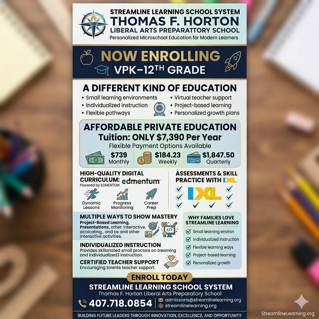 ✨ A different kind of education is here! ✨
Are you looking for a learning environment that adapts to your child instead of forcing them to fit into a mold? Welcome to Thomas F. Horton Liberal Arts Preparatory School, a proud division of the Streamline Learning School System! 🎓🚀
We are now enrolling VPK through 12th Grade in our innovative microschool model designed for modern learners.
🌟 What Makes Us Different?
🧩 True Individualized Instruction: Academics tailored entirely to your child’s unique strengths, learning style, and personal interests.
📈 Top-Tier Digital Tools: Powered by Edmentum for high-quality, self-paced curriculum and IXL for continuous diagnostic mastery and skill practice.
👩🏫 Certified Virtual Teacher Support: Caring, expert educators providing live support sessions, guidance, and constant motivation—you never navigate this journey alone!
🛠️ Multiple Ways to Show Mastery: We move past traditional, high-stress testing. Our students show what they know through hands-on, project-based learning and interactive discussion-based assessments.
💰 Affordable Private Education
We believe exceptional schooling shouldn’t be out of reach. Our annual tuition is just $7,390/year, and we offer incredibly flexible payment plans to fit your family's budget:
🗓️ Weekly: $184.23
🗓️ Monthly: $739.00
🗓️ Quarterly: $1,847.50
Give your child the safe, small, and supportive learning community they deserve. Spaces are limited to keep our ratios small!
📞 Connect With Us Today to Enroll!
📱 Call: 407.718.0854
📧 Email: admissions@streamlinelearning.org
🌐 Visit: streamlinelearning.org
#StreamlineLearning #Microschool #PrivateSchoolFlorida #VPK #HighSchoolPrep #Edmentum #IXL #ProjectBasedLearning #IndividualizedLearning #ModernEducation #NowEnrolling #FloridaParents #AlternativeEducation