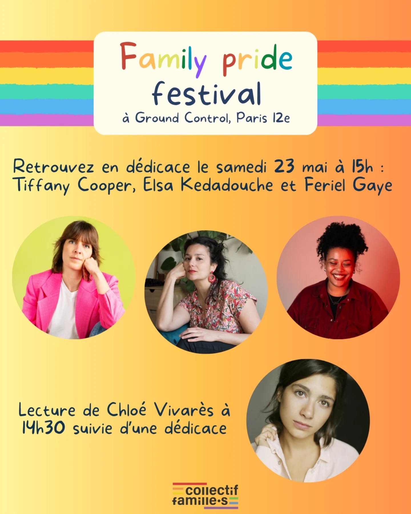 Le 23 et 24 mai, nous serons présentes à la Family pride festival à Ground Control dans le 12e ! 🌈
• 23 mai à 15h : dédicace avec Tiffany Cooper, Elsa Kedadouche et Feriel Gaye 🖊
• 23 mai à 14h30 : lecture de Chloé Vivarès suivie d’une dédicace 📖
Venez nous rencontrer 🌈🌈🌈